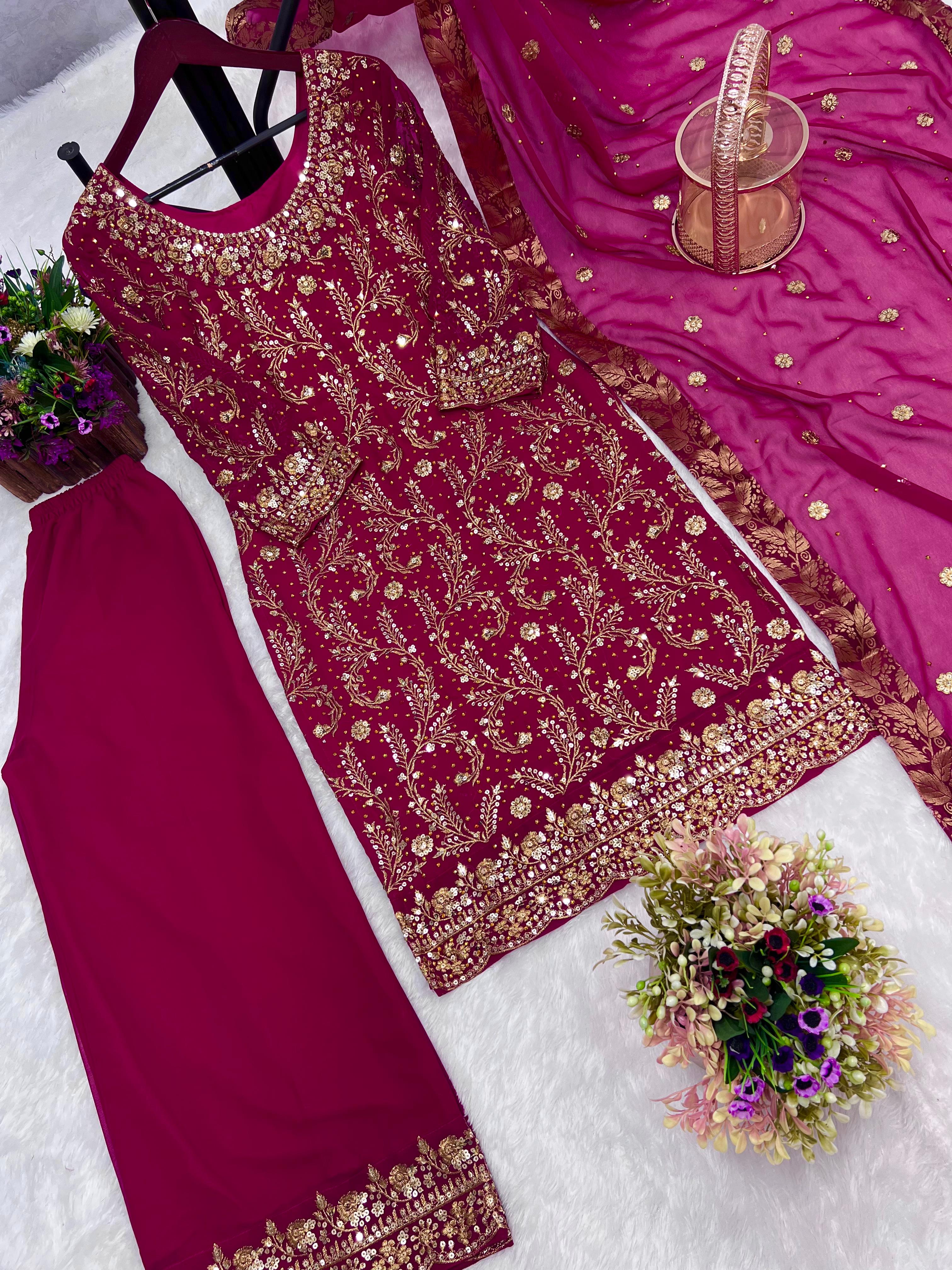 Glossy Pink Color Sequence Work Kurti Set With Dupatta