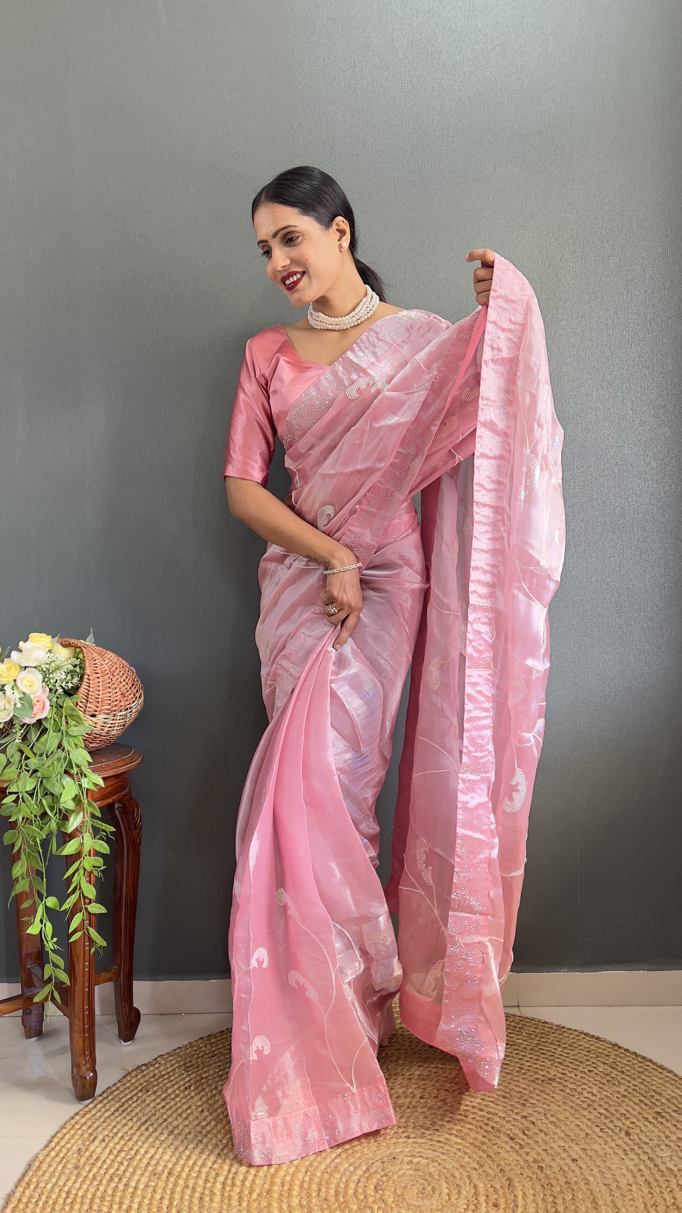 Shining Pink Color Sequence Work Ready To Wear Saree