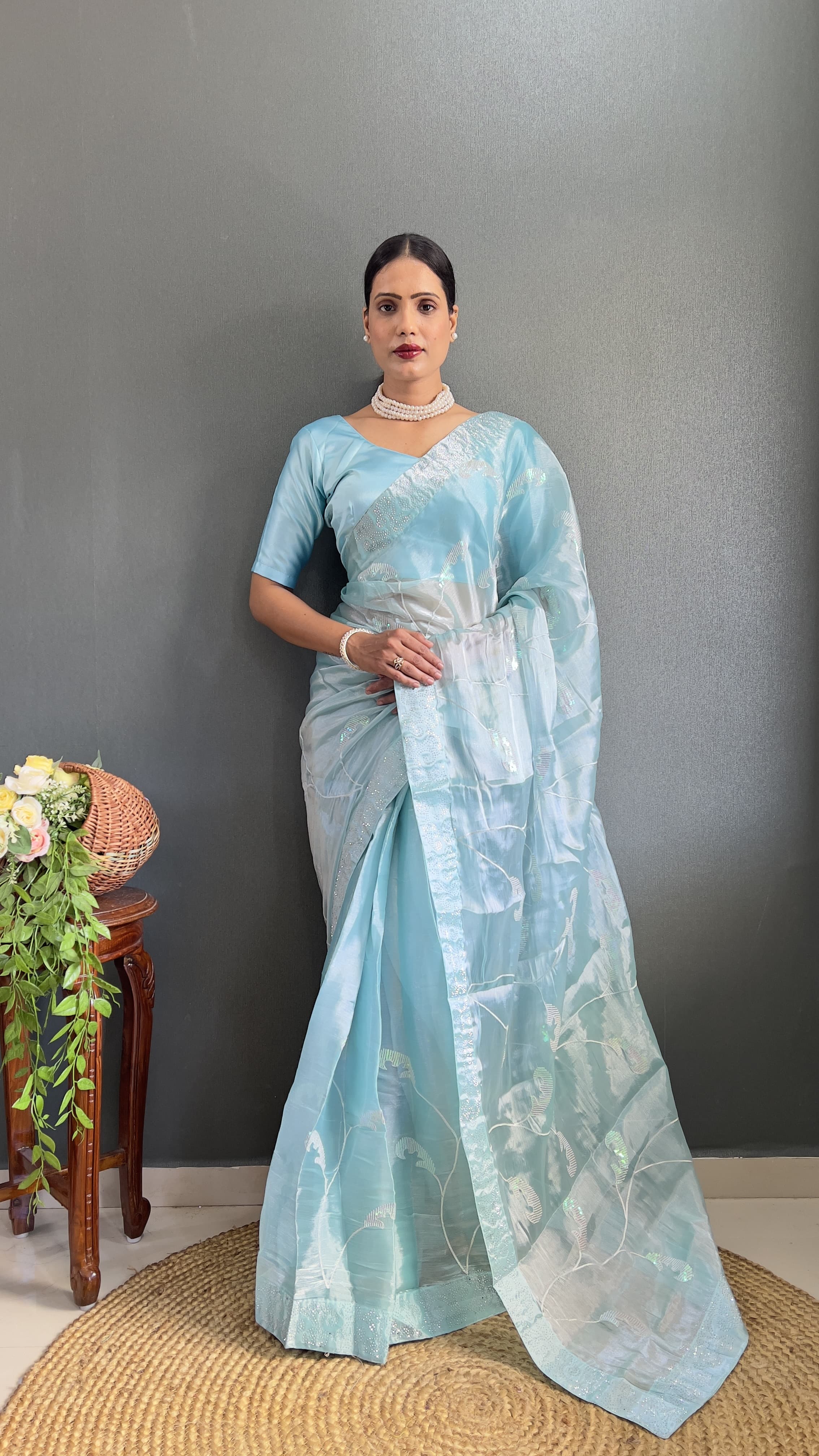 Shining Sky Blue Color Sequence Work Ready To Wear Saree