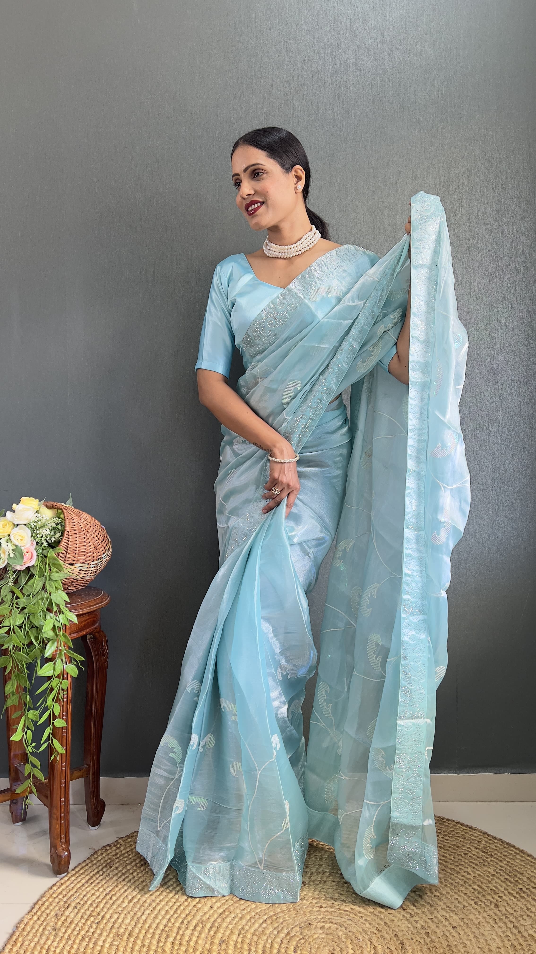 Shining Sky Blue Color Sequence Work Ready To Wear Saree