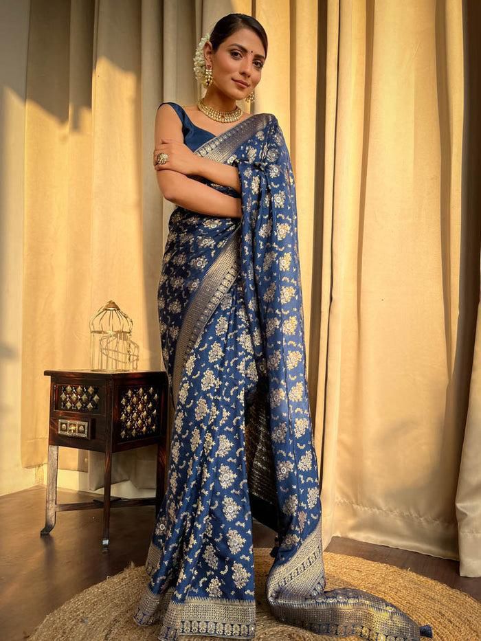 Festive Wear Blue Color Jacquard Work Lichi Silk Saree