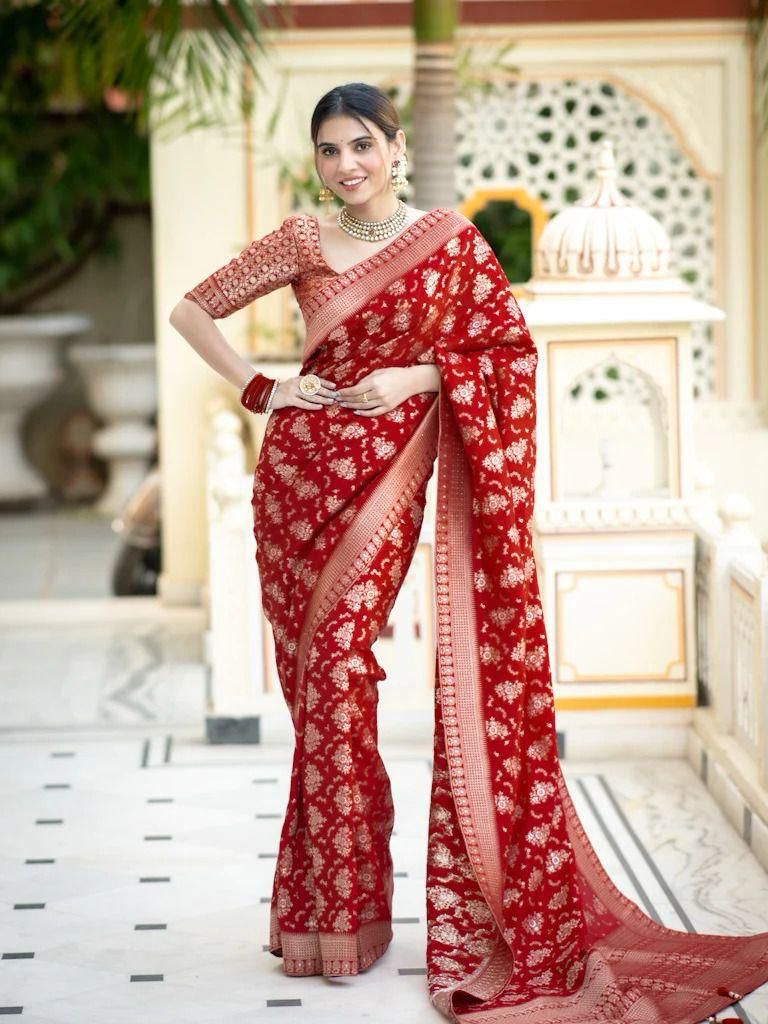 Festive Wear Red Color Jacquard Work Lichi Silk Saree