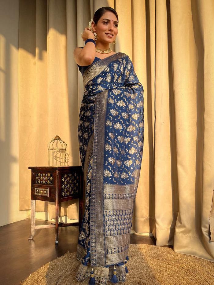 Festive Wear Blue Color Jacquard Work Lichi Silk Saree