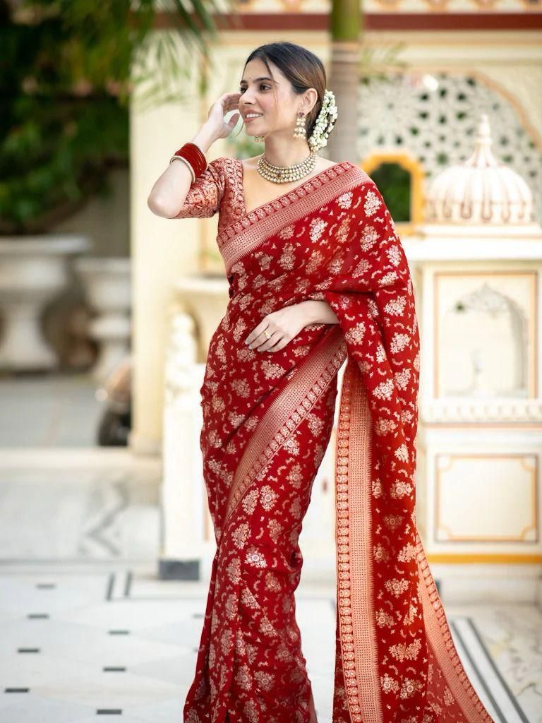 Festive Wear Red Color Jacquard Work Lichi Silk Saree