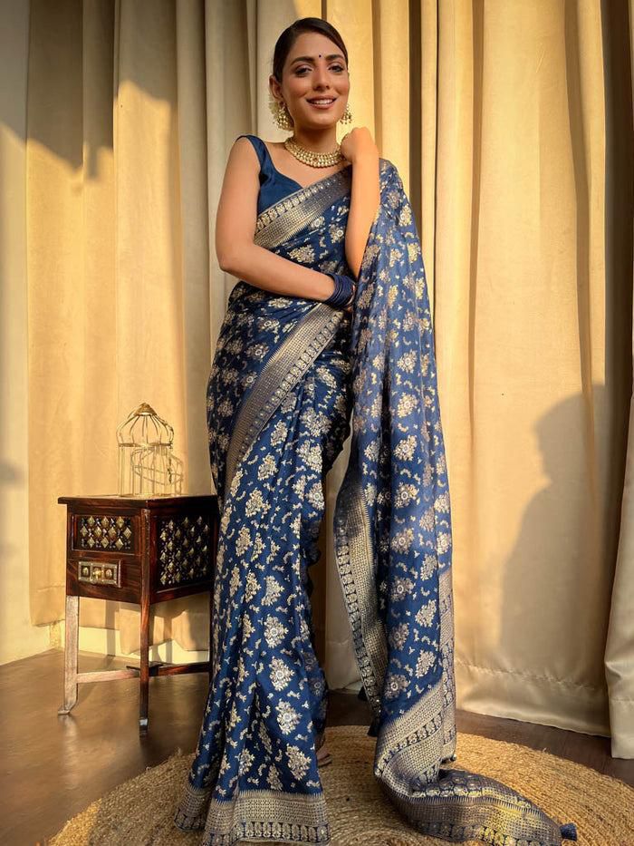 Festive Wear Blue Color Jacquard Work Lichi Silk Saree