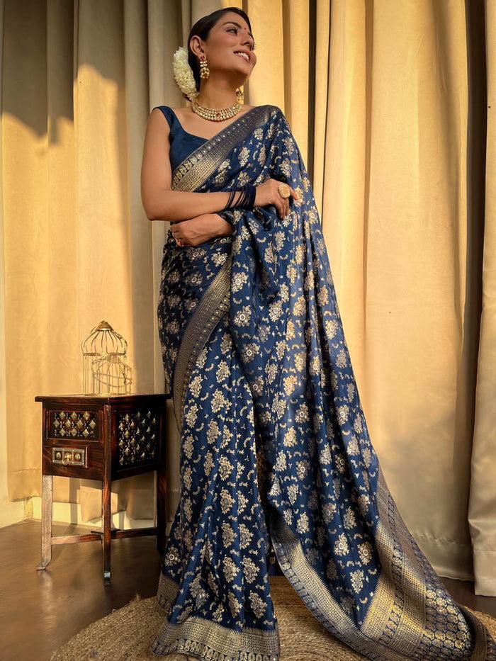 Festive Wear Blue Color Jacquard Work Lichi Silk Saree