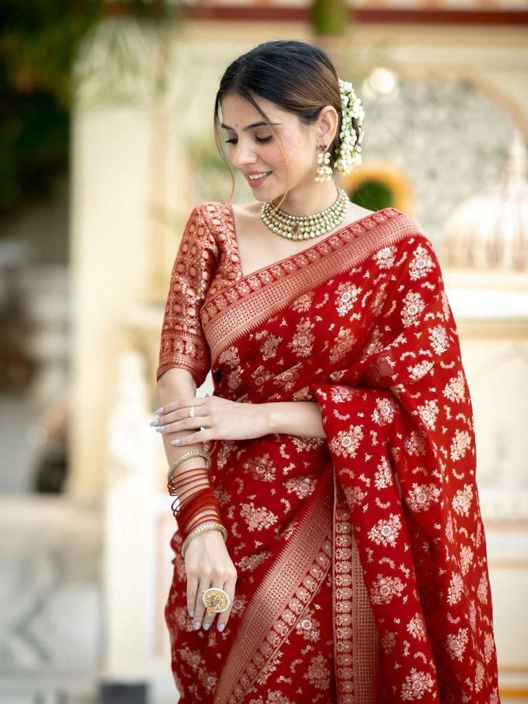 Festive Wear Red Color Jacquard Work Lichi Silk Saree