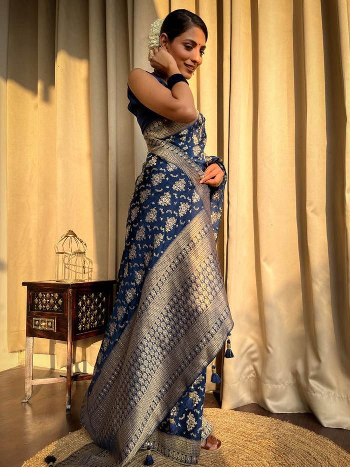 Festive Wear Blue Color Jacquard Work Lichi Silk Saree