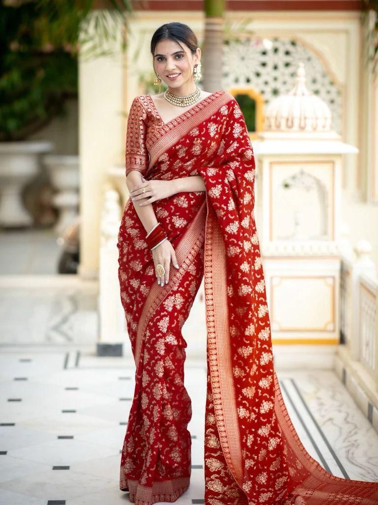 Festive Wear Red Color Jacquard Work Lichi Silk Saree