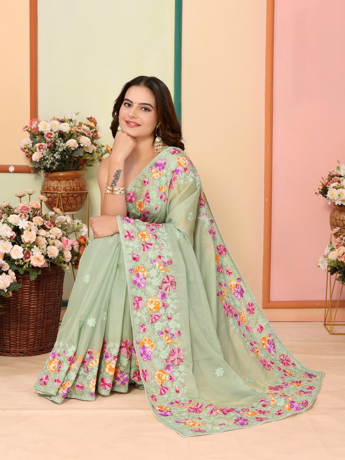 Trendy Embroidery Work Pista Color Organza Saree