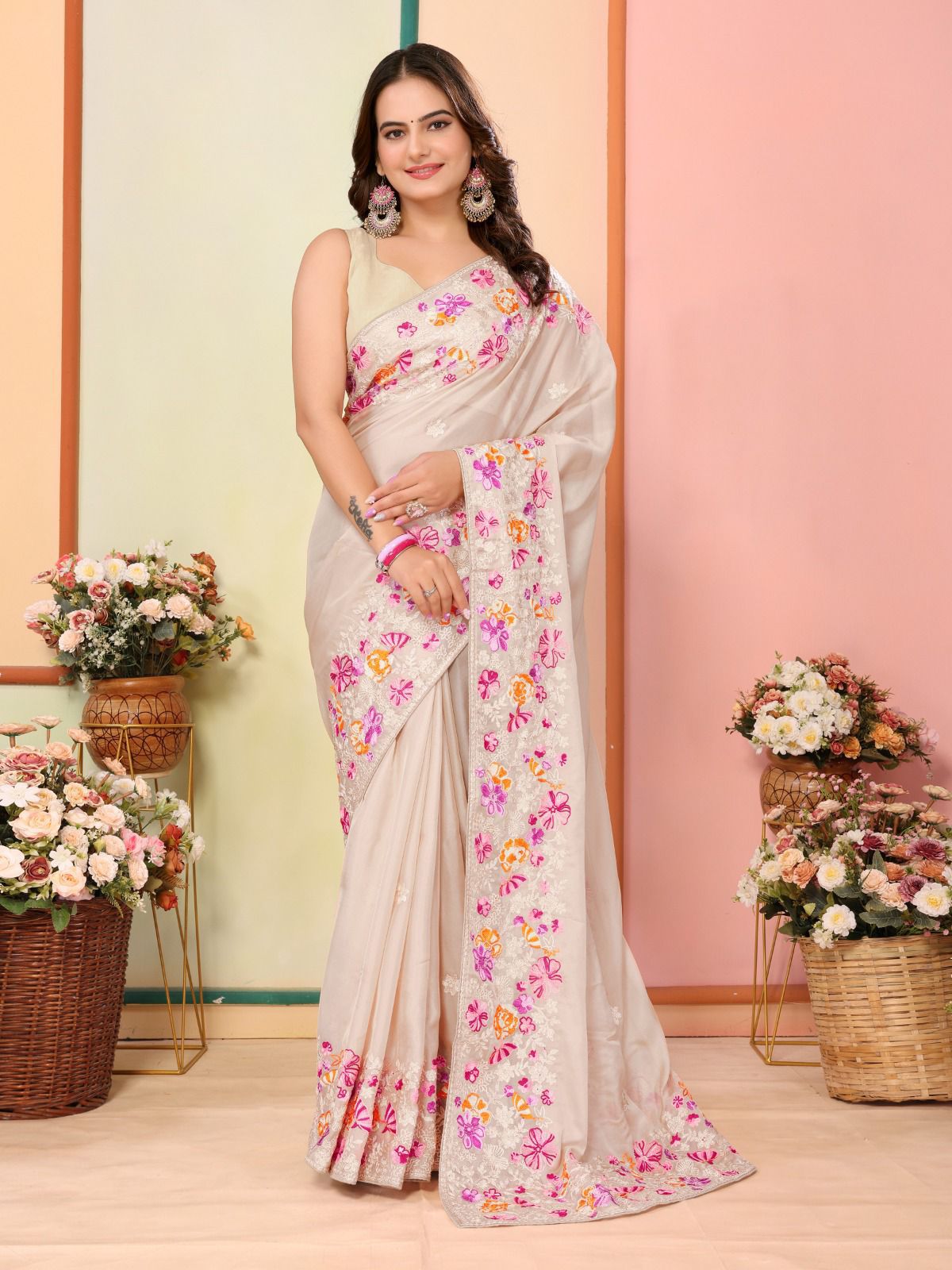 Trendy Embroidery Work Cream Color Organza Saree