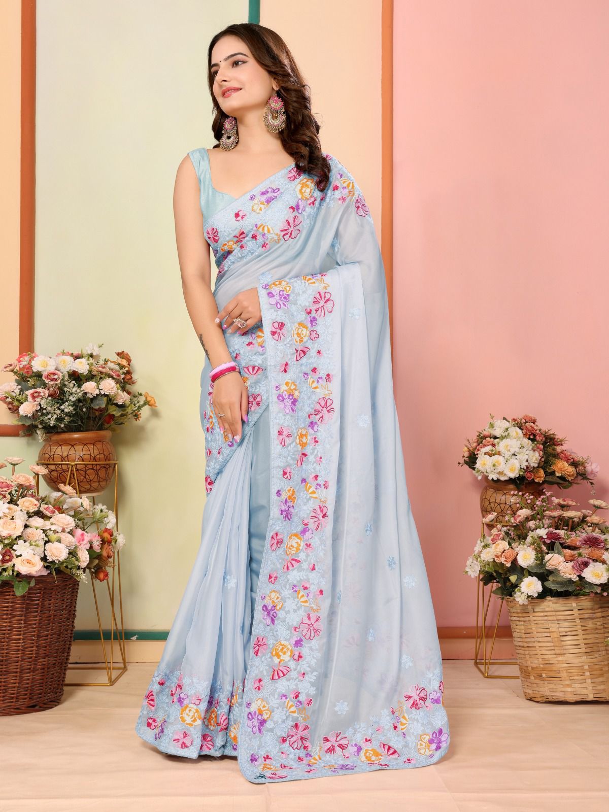 Trendy Embroidery Work Sky Blue Color Organza Saree