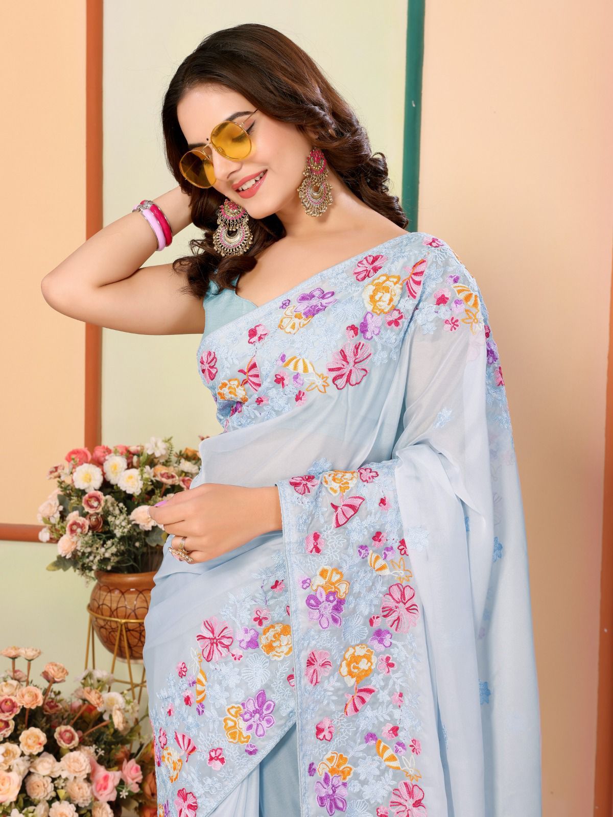 Trendy Embroidery Work Sky Blue Color Organza Saree