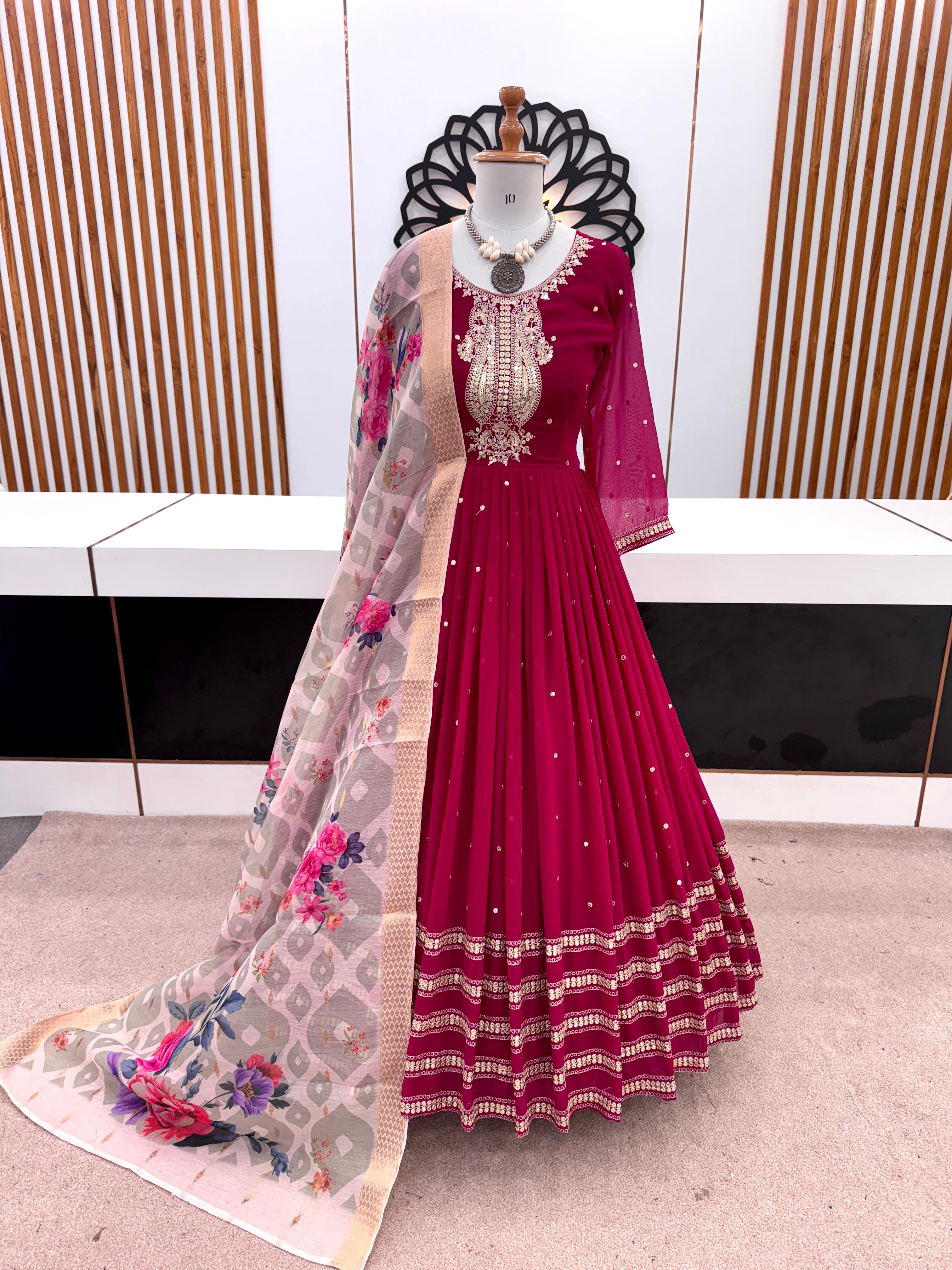 Amazing Heavy Sequence Work Pink Gown With Print Dupatta