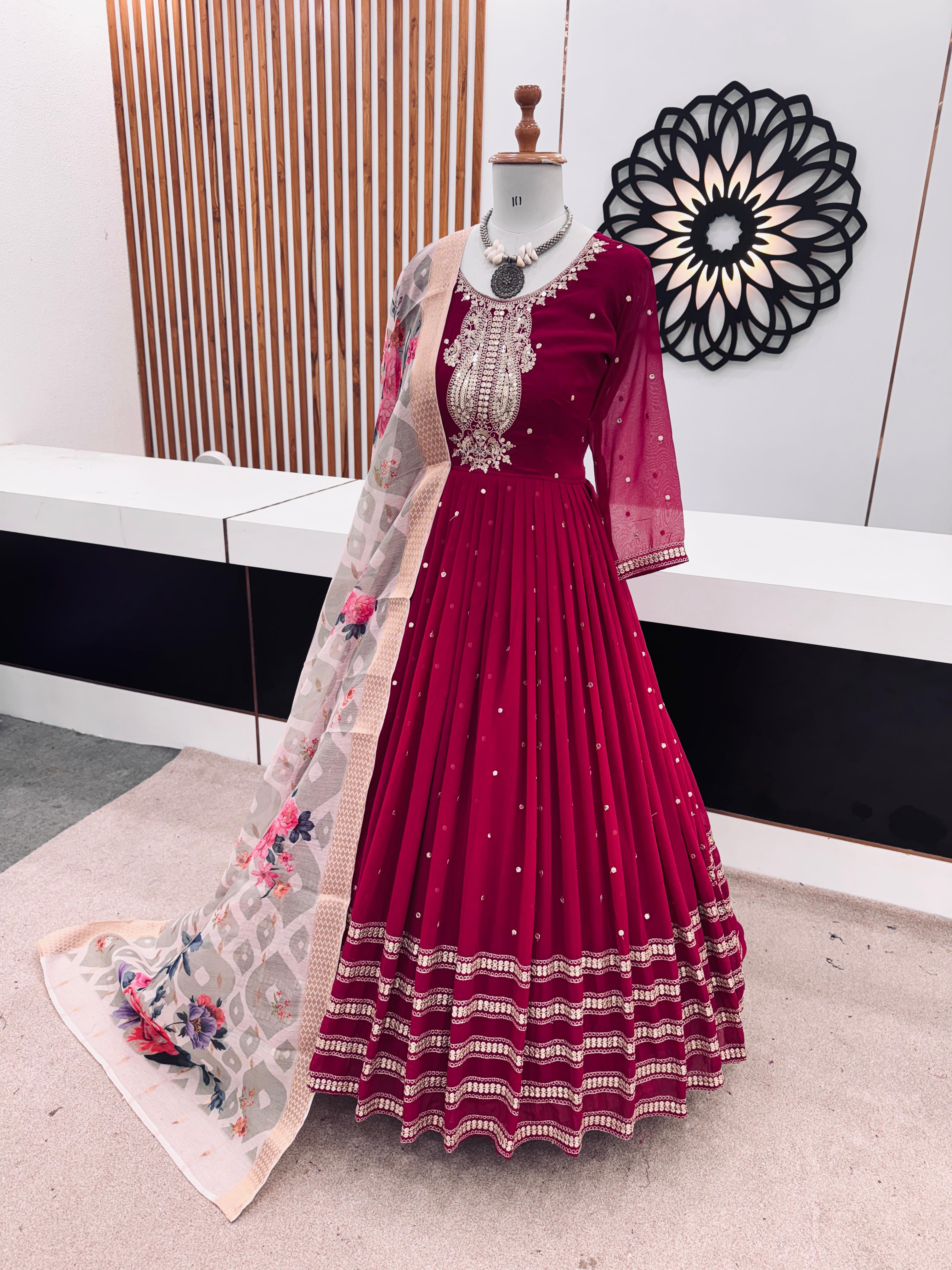 Amazing Heavy Sequence Work Pink Gown With Print Dupatta