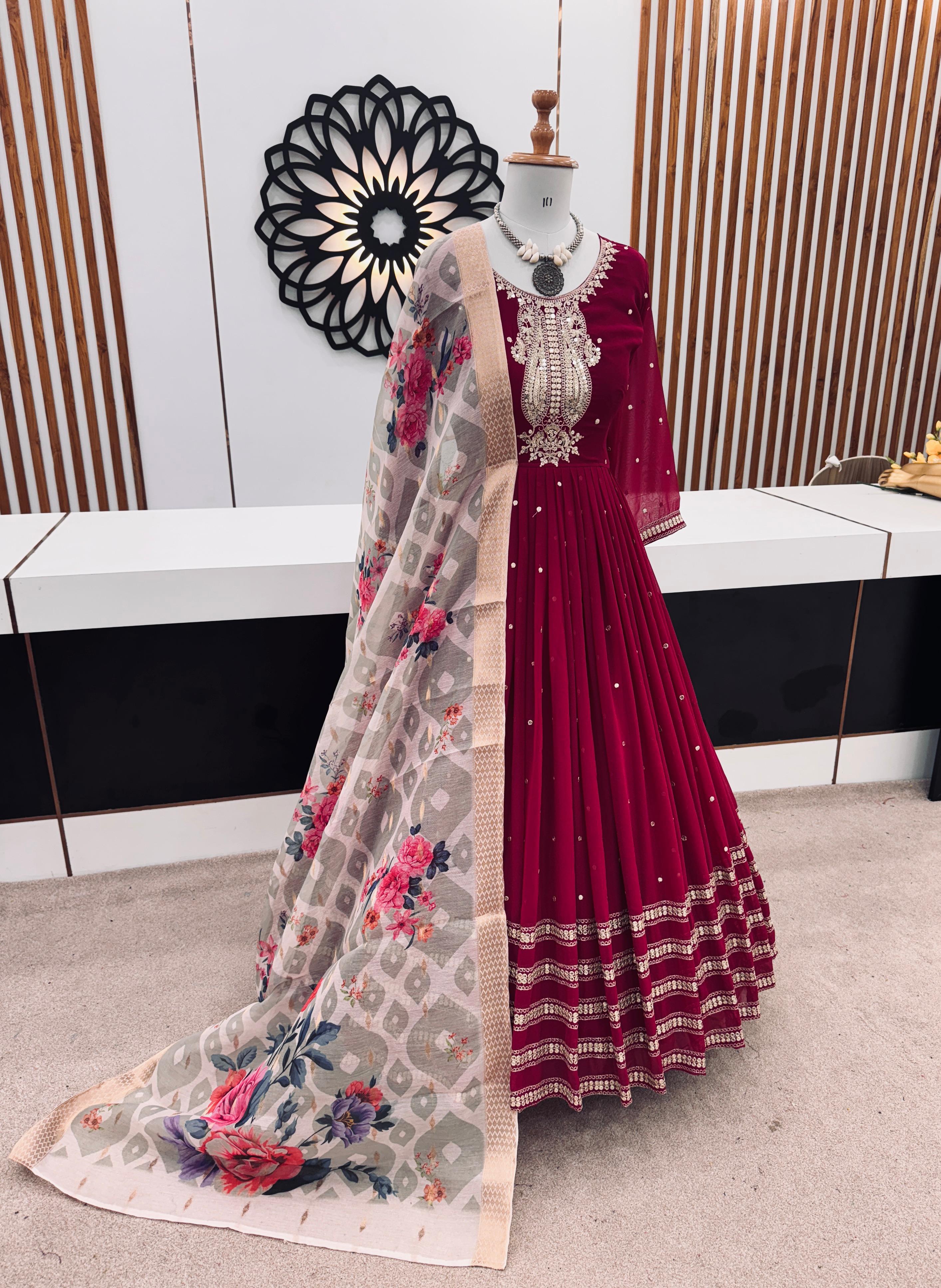 Amazing Heavy Sequence Work Pink Gown With Print Dupatta