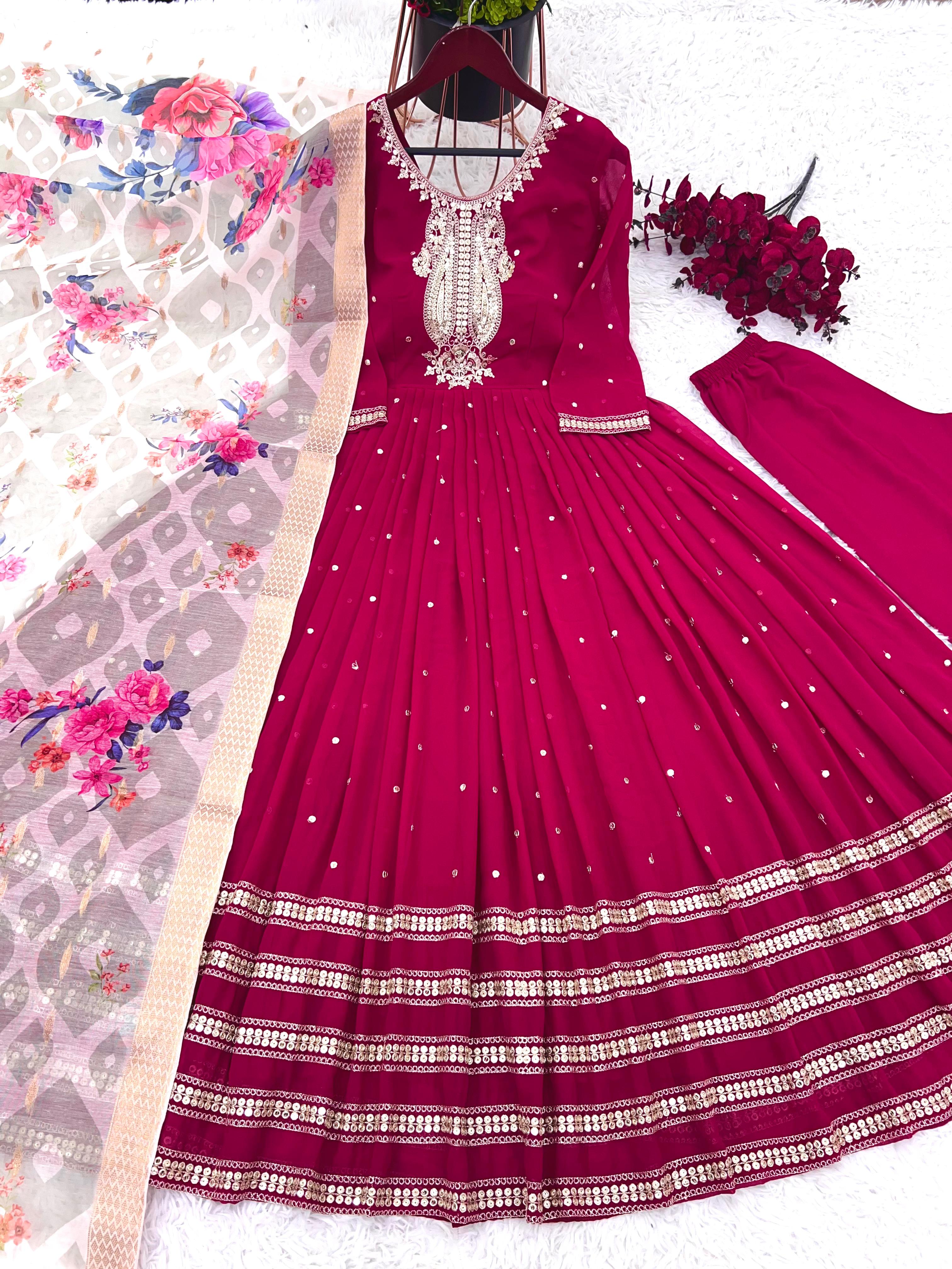 Amazing Heavy Sequence Work Pink Gown With Print Dupatta