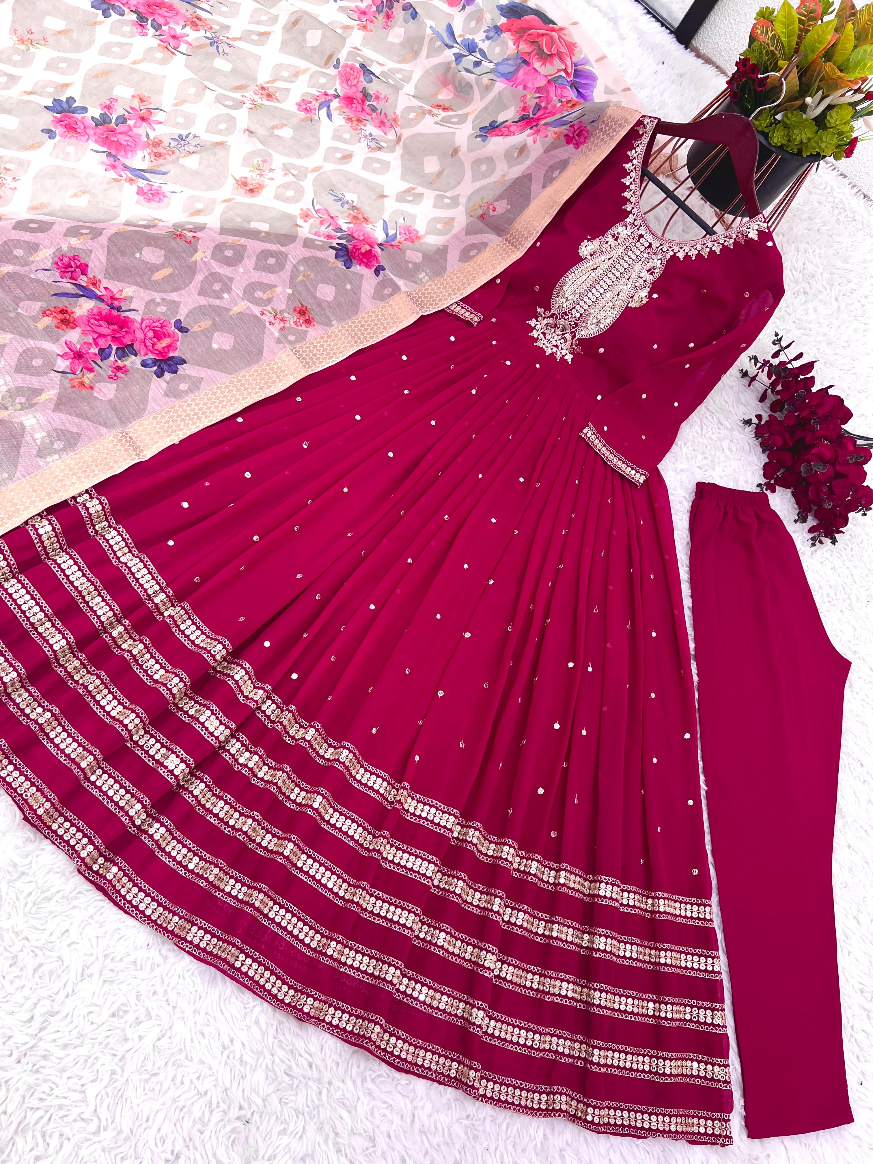 Amazing Heavy Sequence Work Pink Gown With Print Dupatta