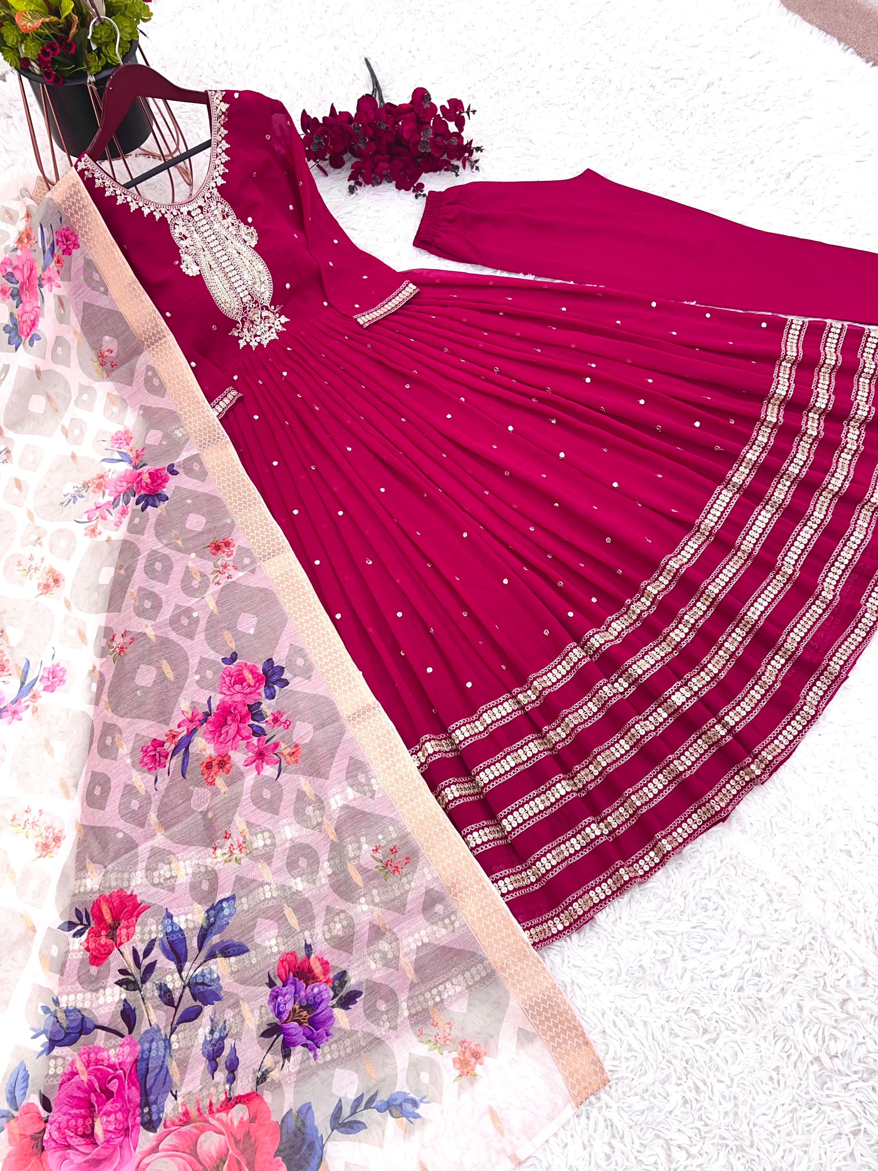 Amazing Heavy Sequence Work Pink Gown With Print Dupatta