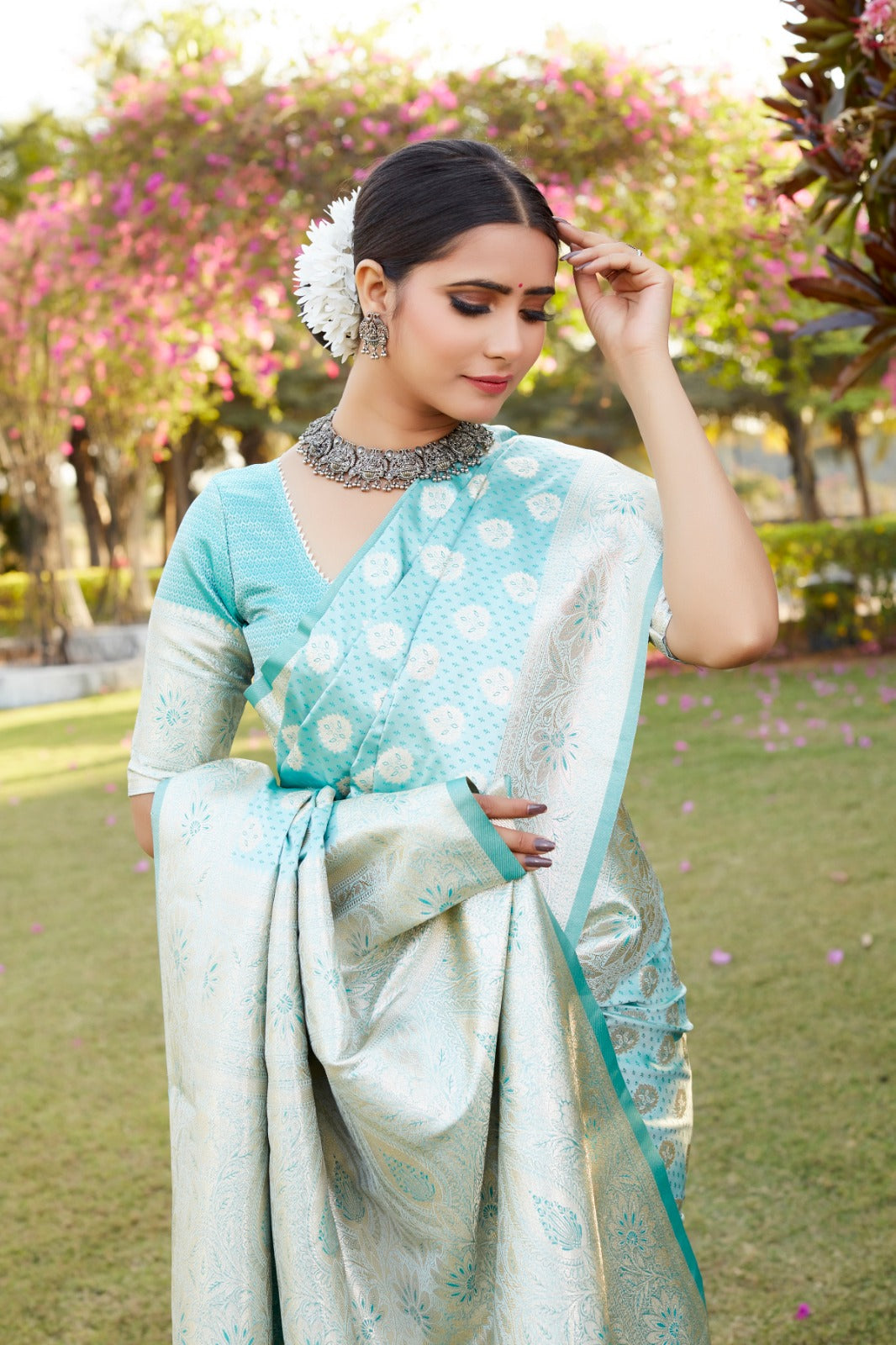 Designer Jacquard Butta Work Sky Blue Color Saree