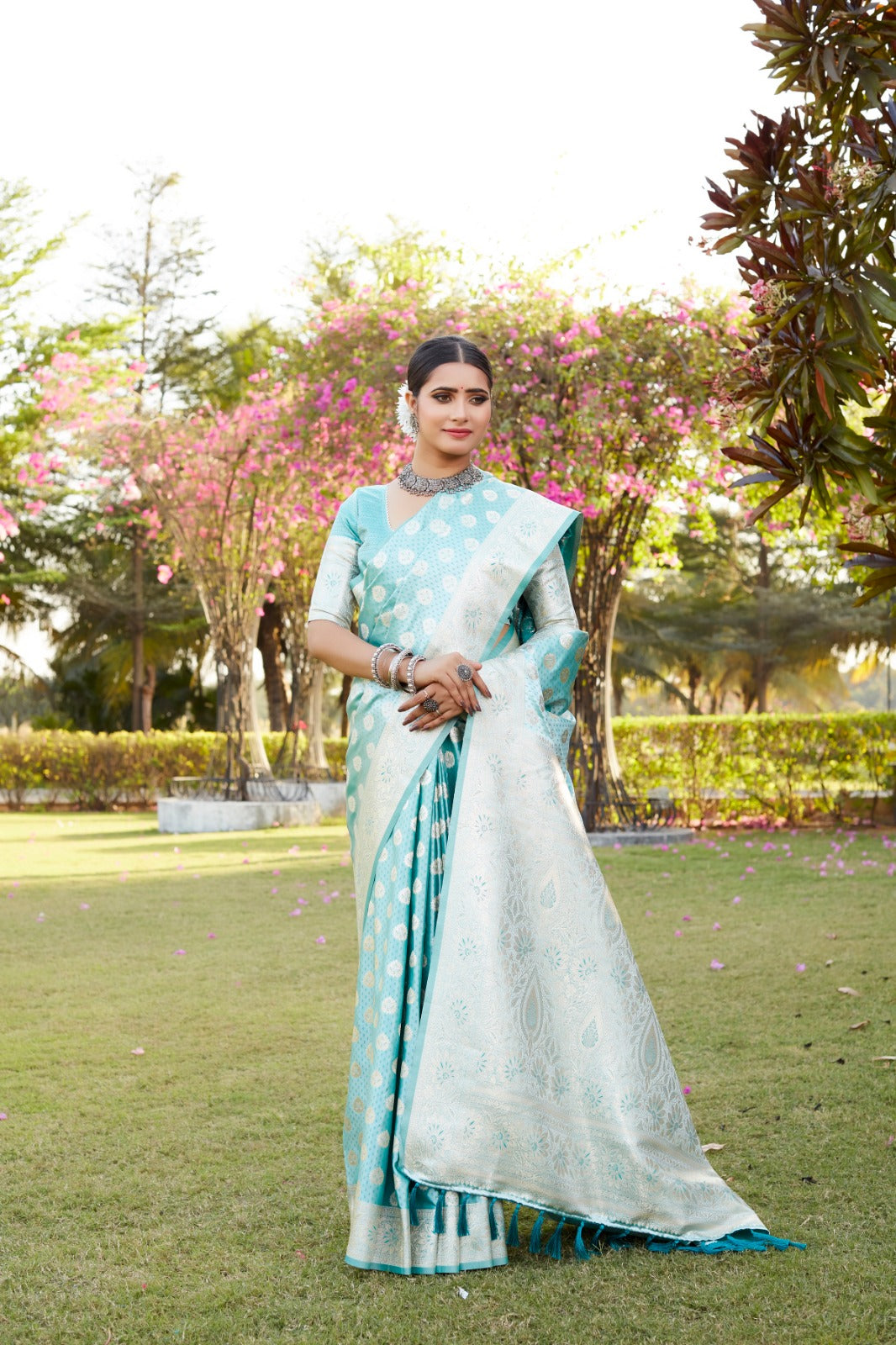 Designer Jacquard Butta Work Sky Blue Color Saree