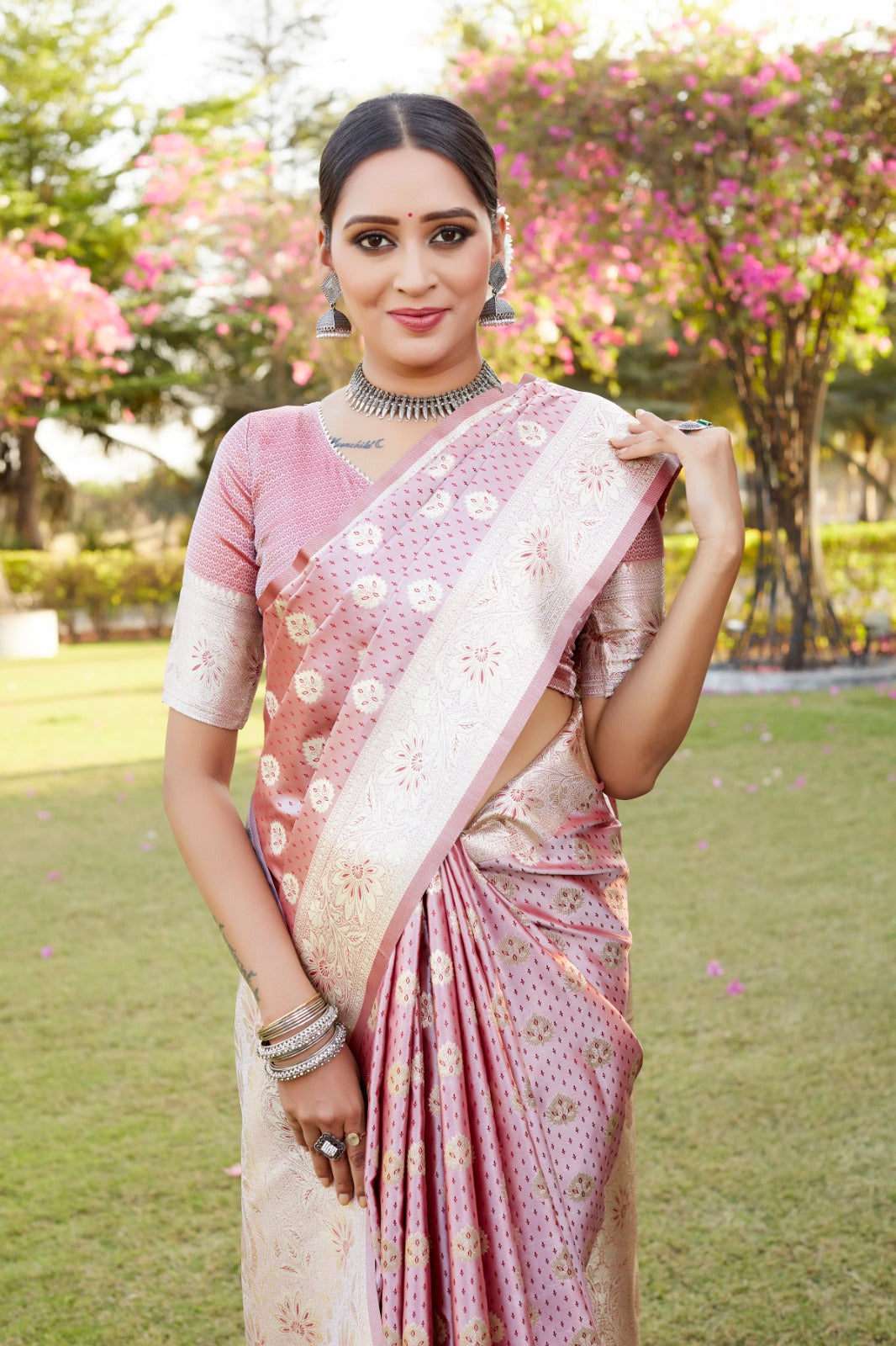 Designer Jacquard Butta Work Dusty Pink Color Saree