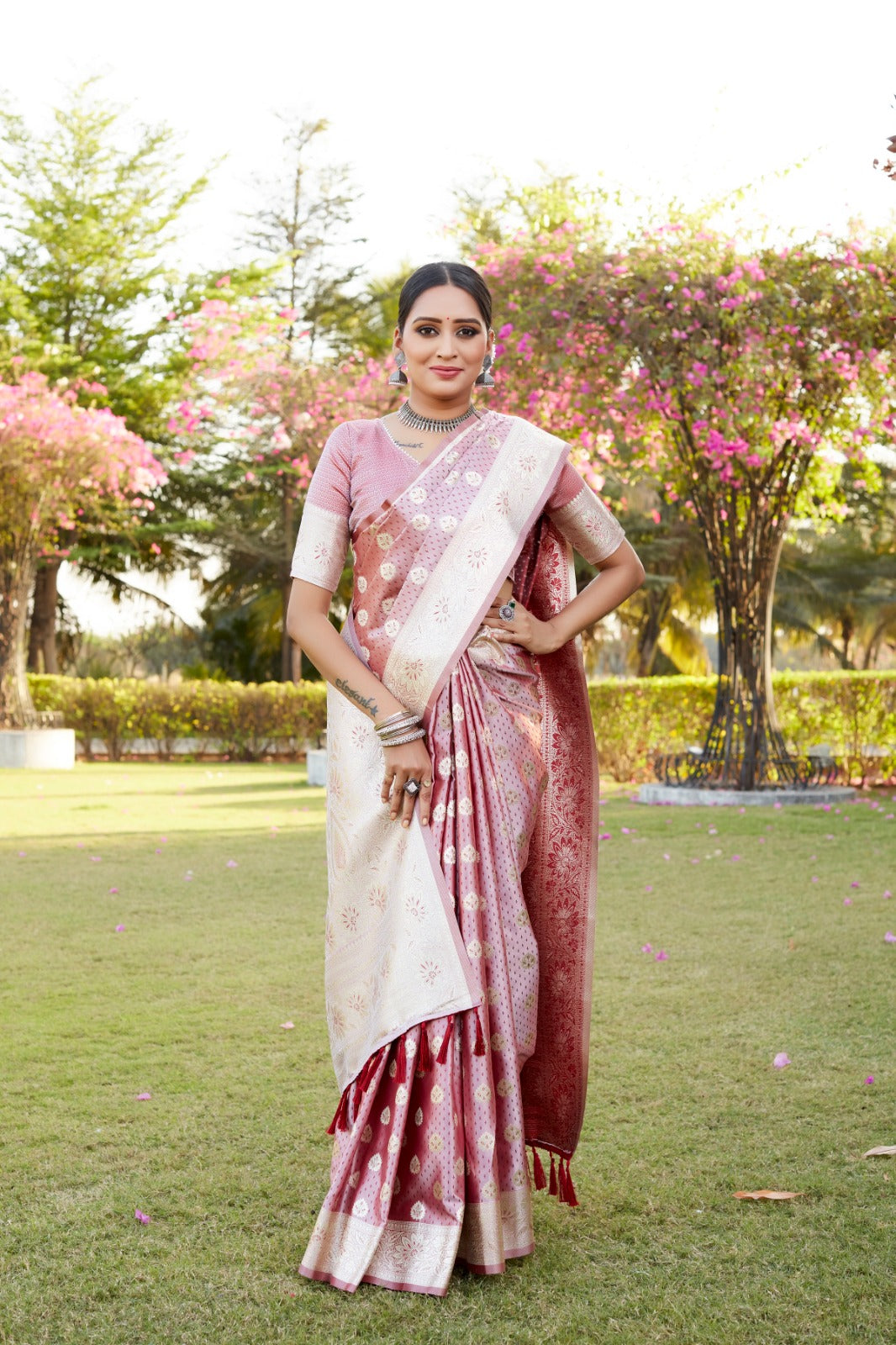 Designer Jacquard Butta Work Dusty Pink Color Saree