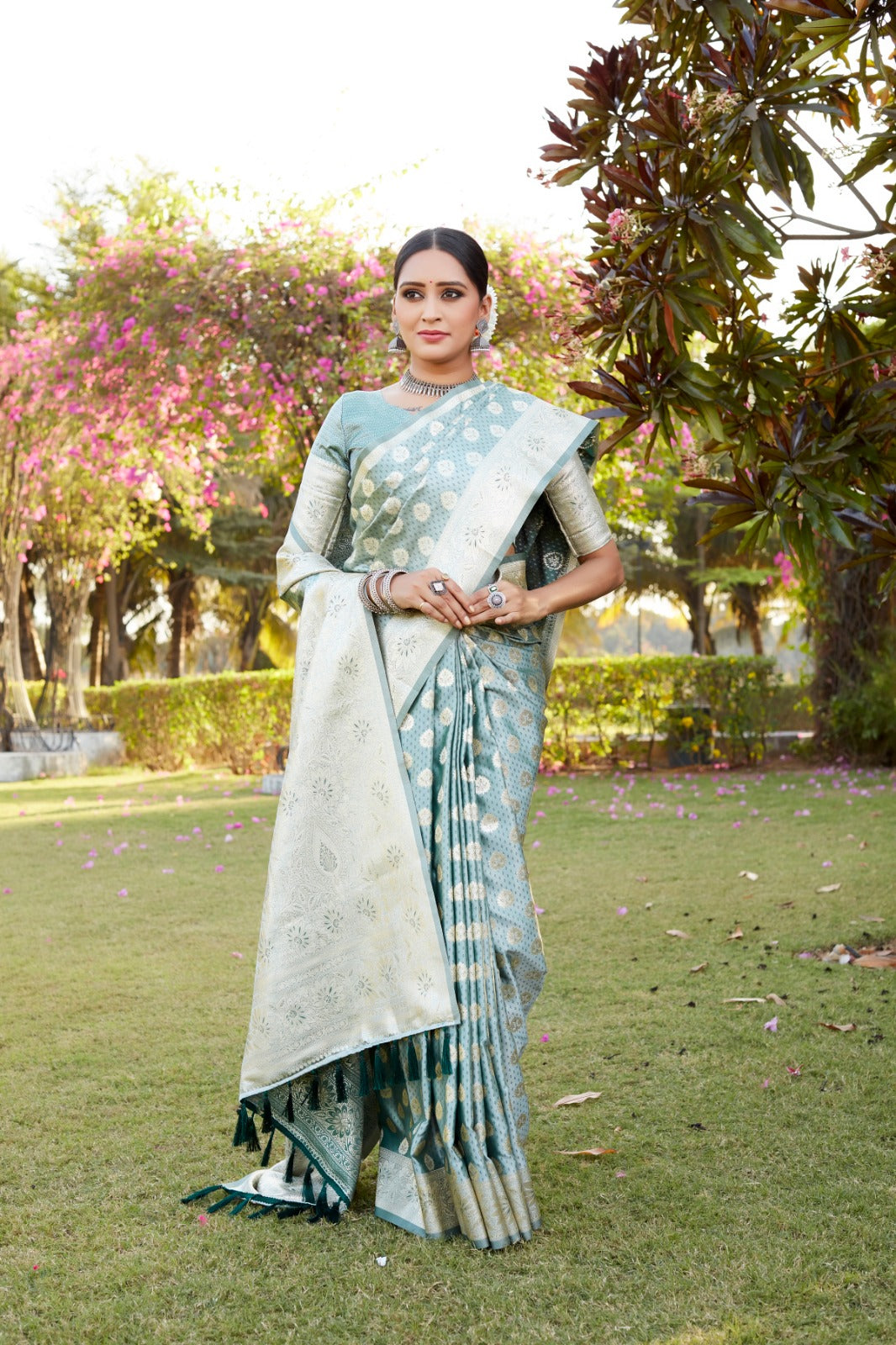 Designer Jacquard Butta Work Pista Color Saree