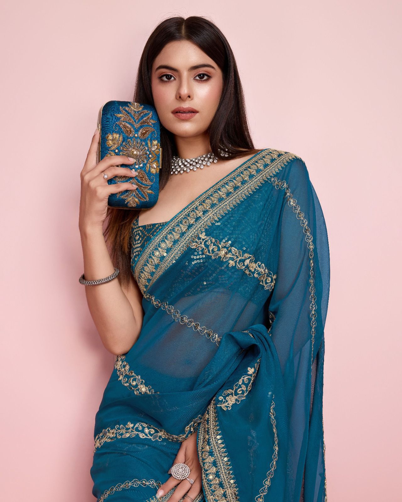 Captivating Teal Blue Embroidery Work Saree