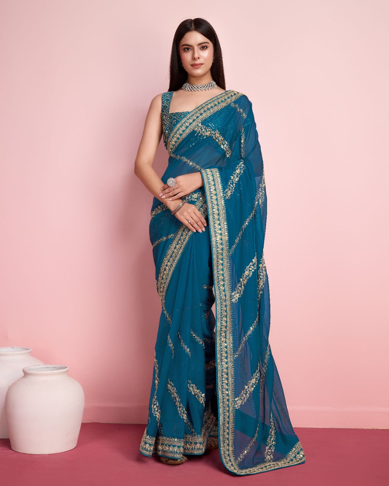 Captivating Teal Blue Embroidery Work Saree