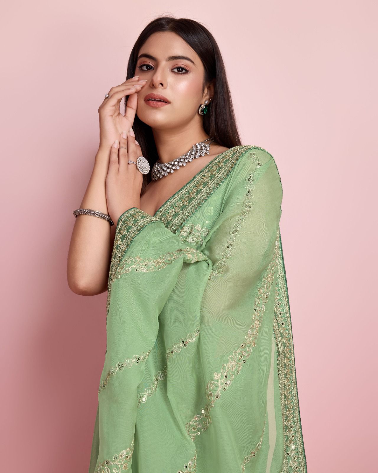 Captivating Pista Color Embroidery Work Saree