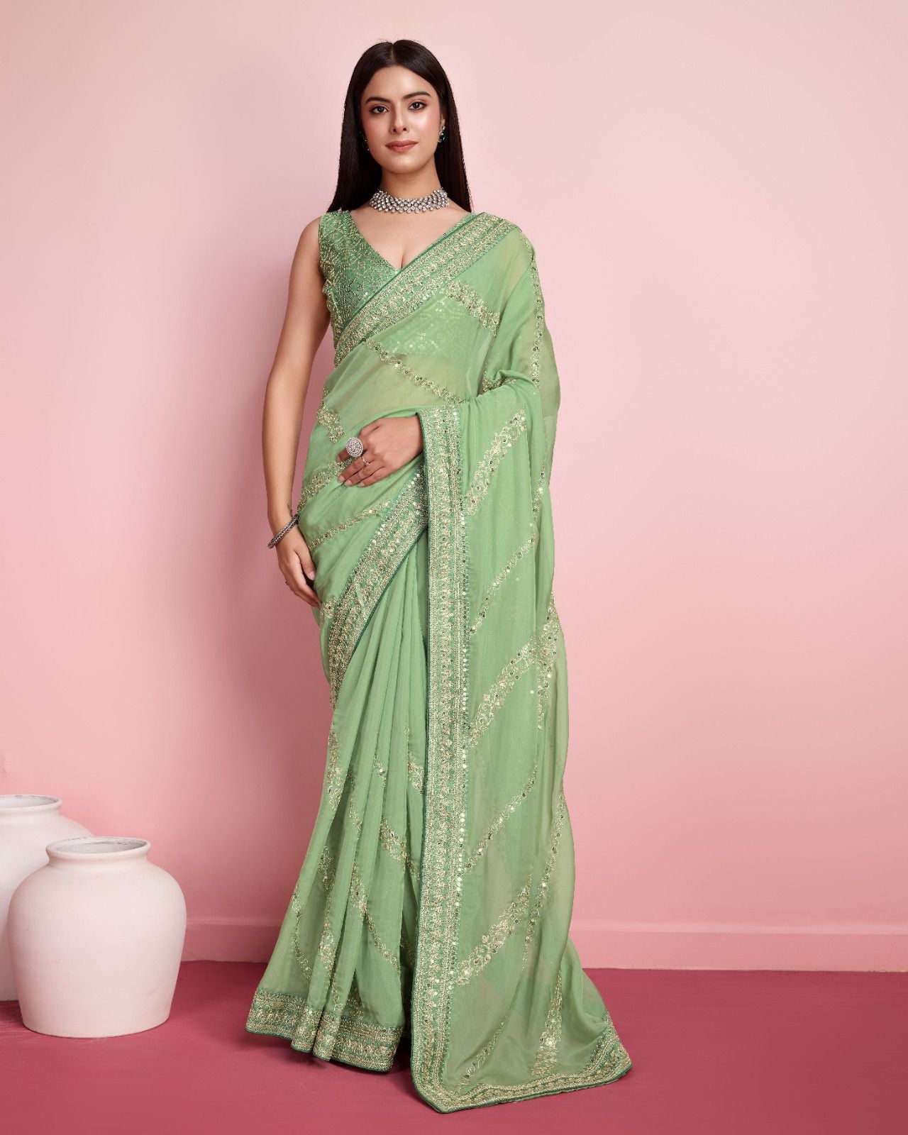 Captivating Pista Color Embroidery Work Saree