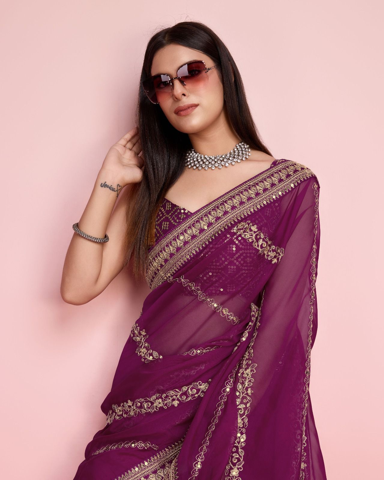 Captivating Wine Color Embroidery Work Saree