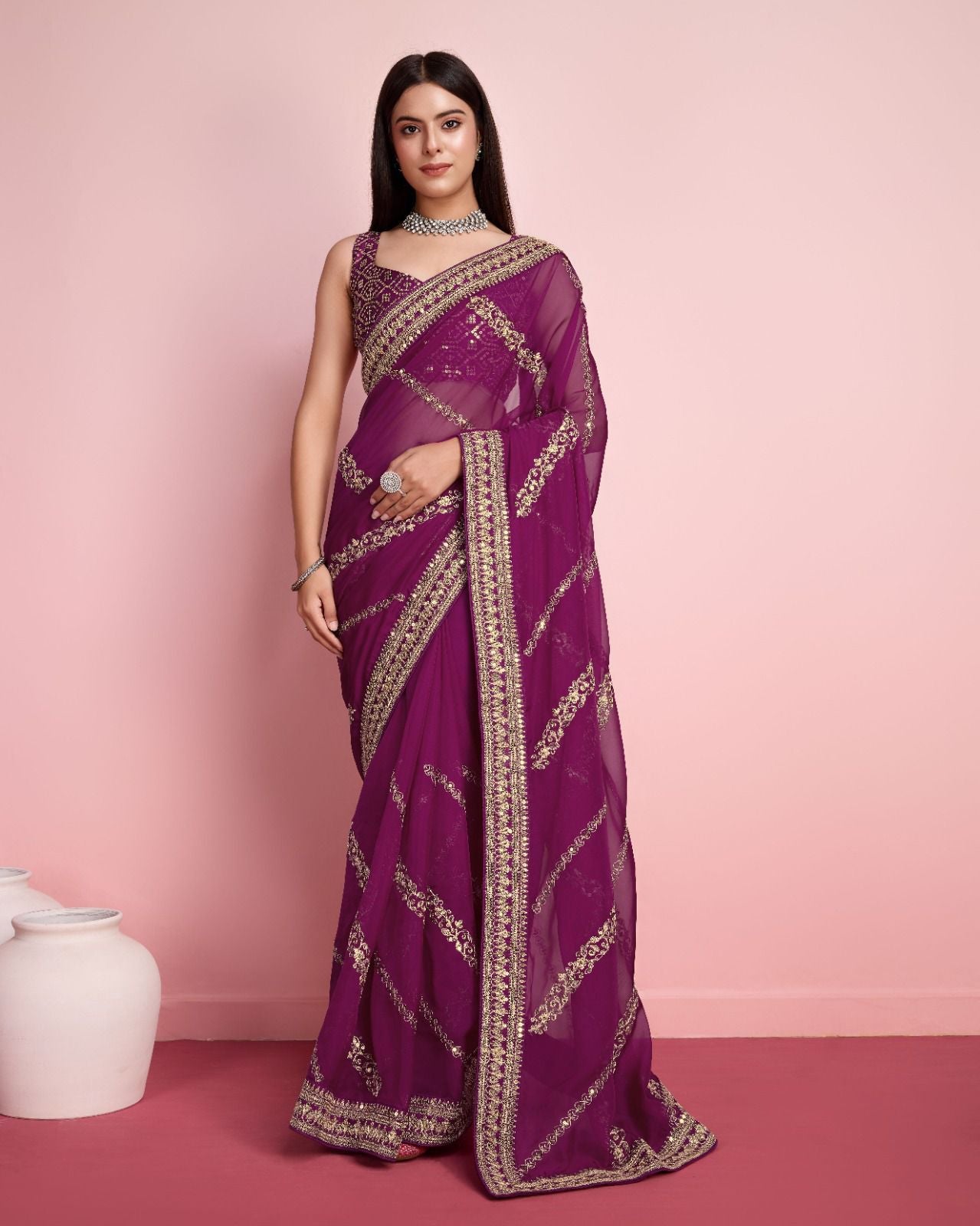 Captivating Wine Color Embroidery Work Saree