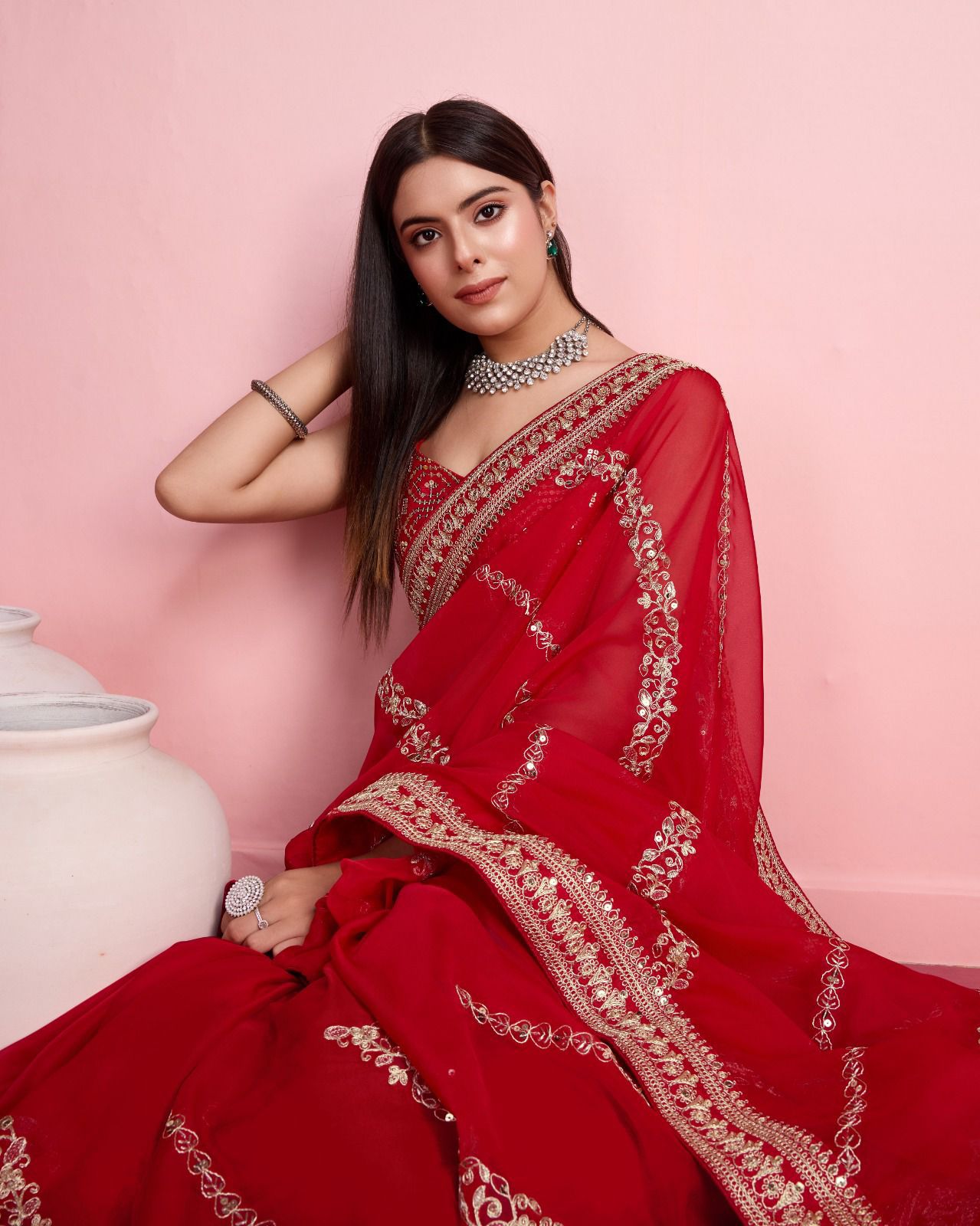 Captivating Red Color Embroidery Work Saree