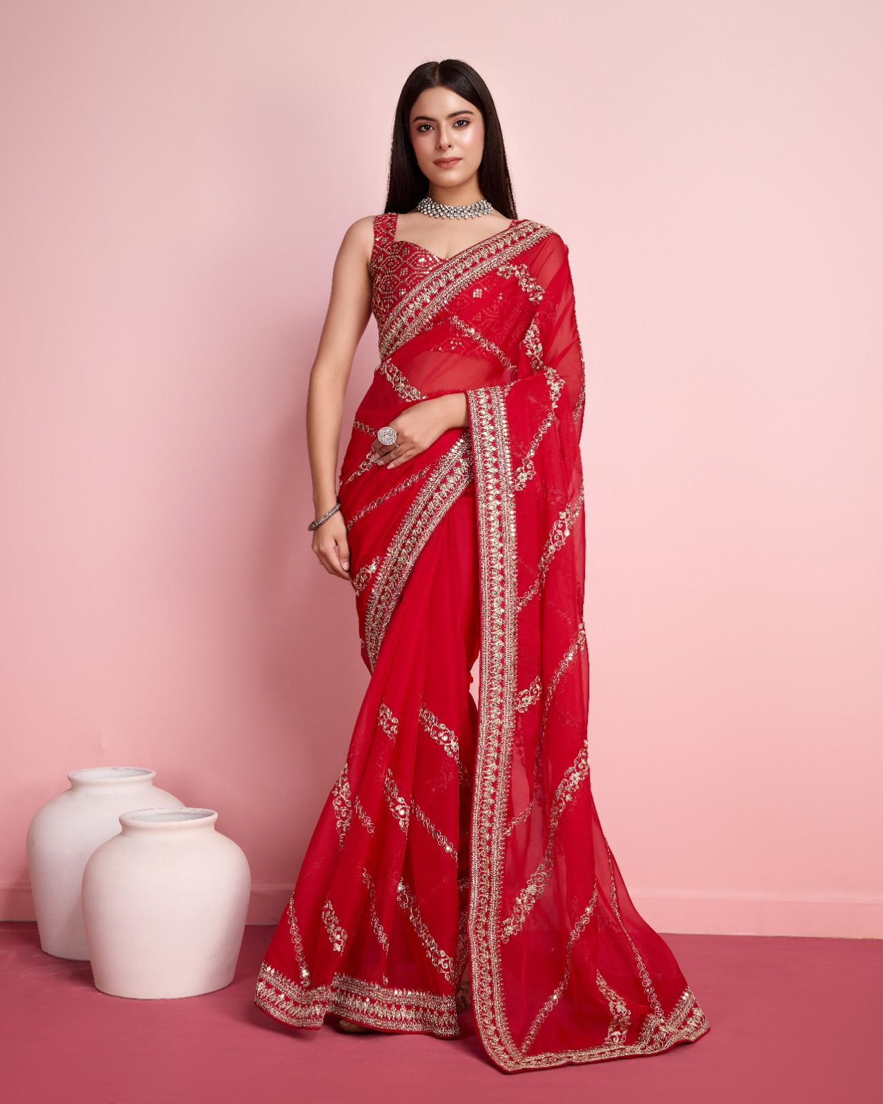 Captivating Red Color Embroidery Work Saree