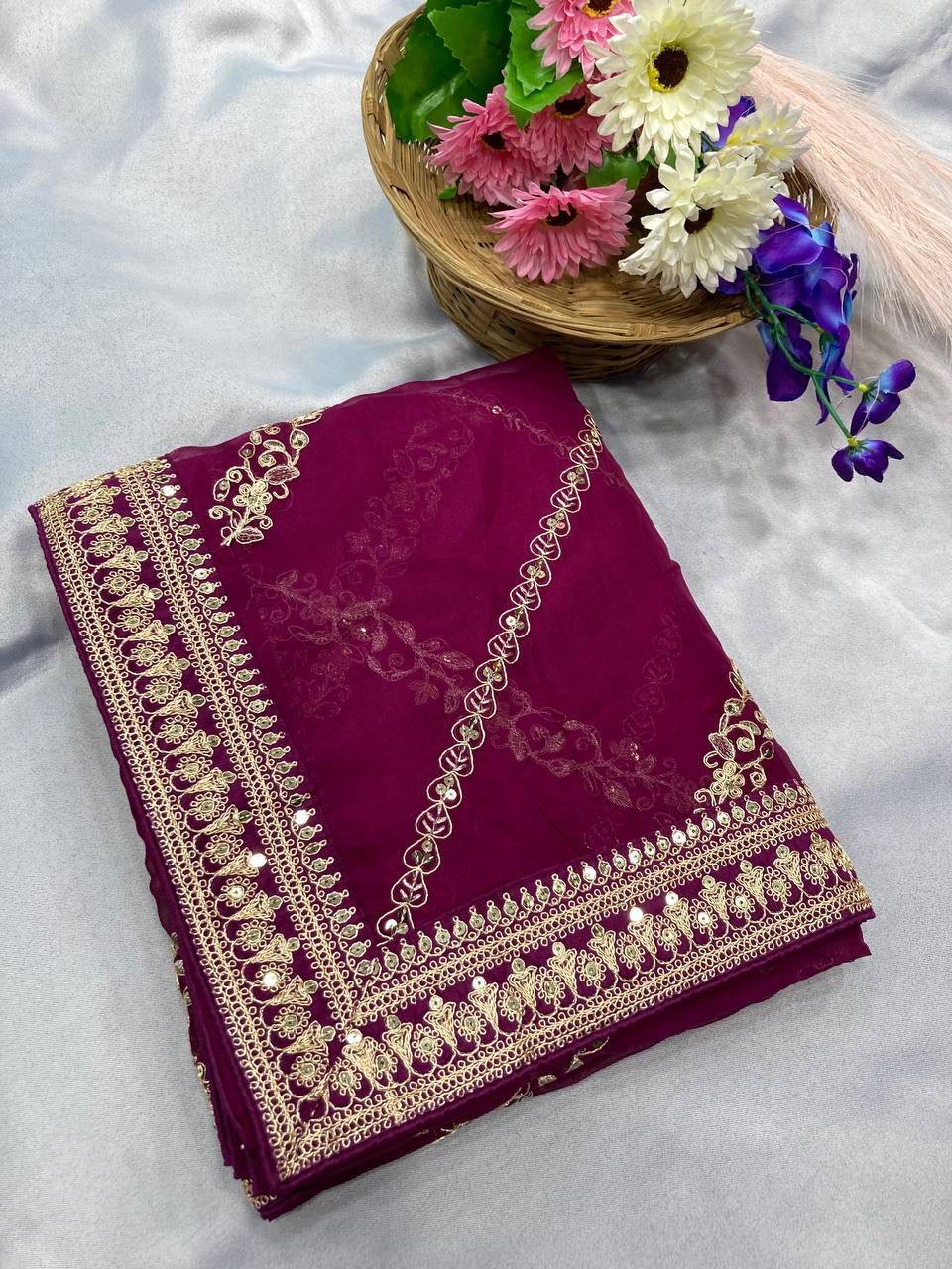 Captivating Wine Color Embroidery Work Saree