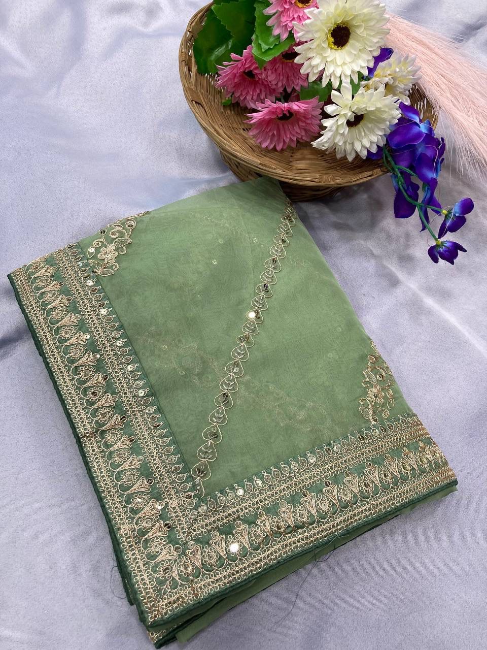 Captivating Pista Color Embroidery Work Saree