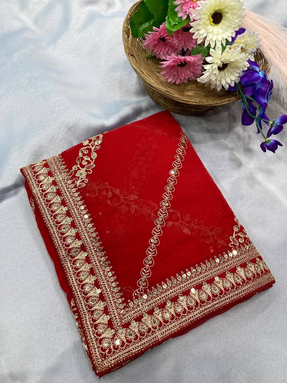 Captivating Red Color Embroidery Work Saree