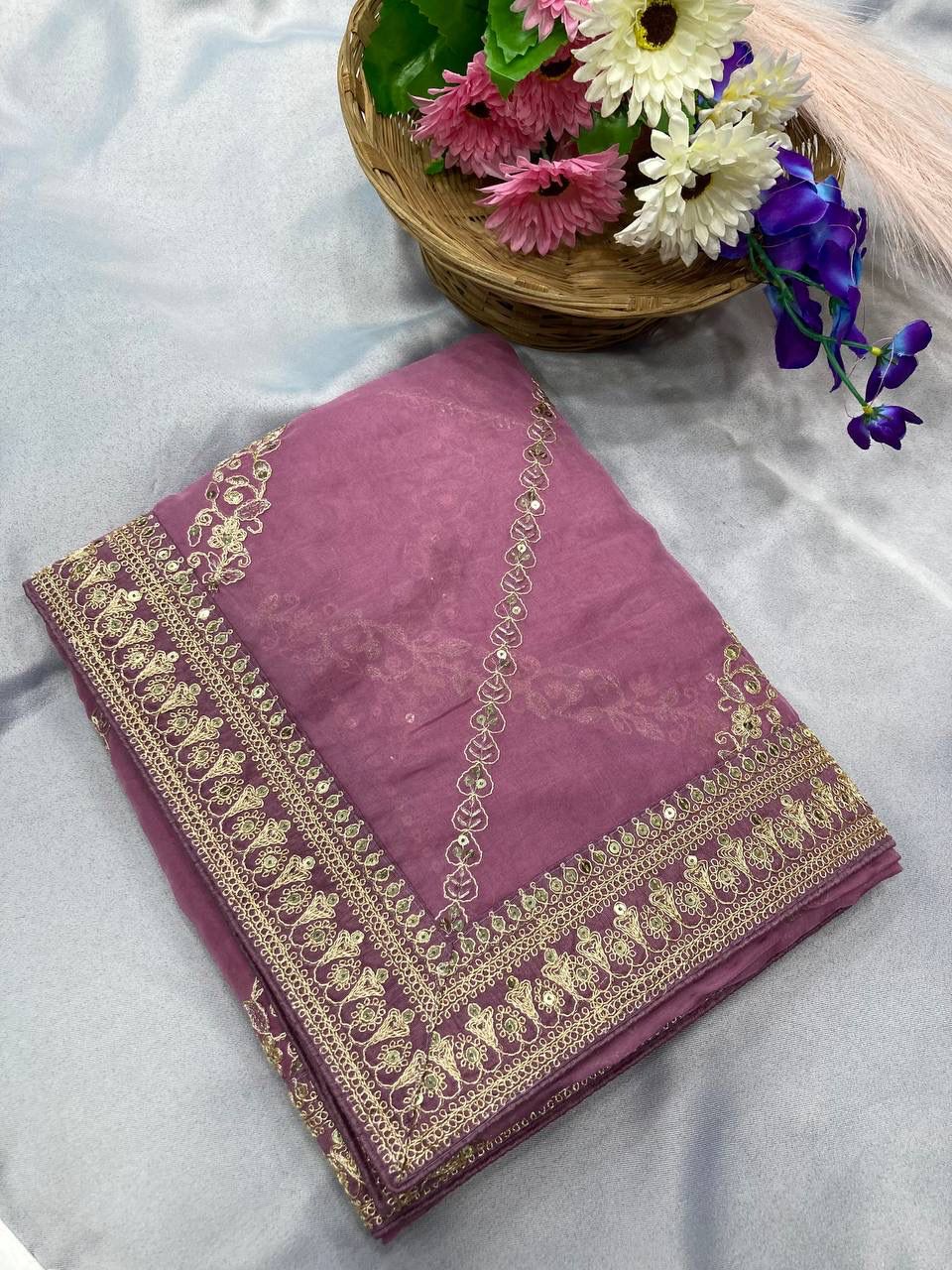 Captivating Light Pink Color Embroidery Work Saree