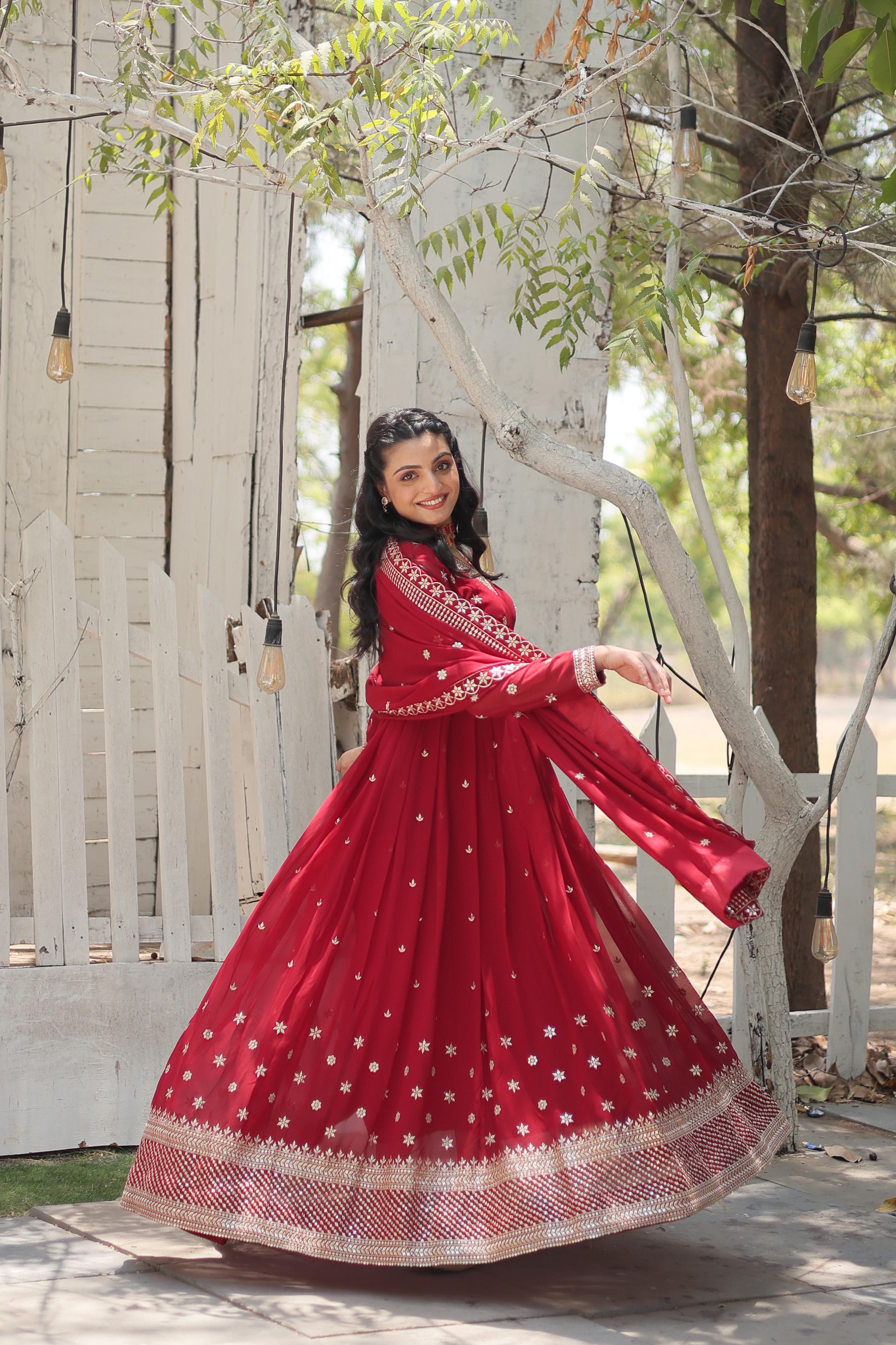 Captivating Red Color Beautiful Work Gown WIth Dupatta