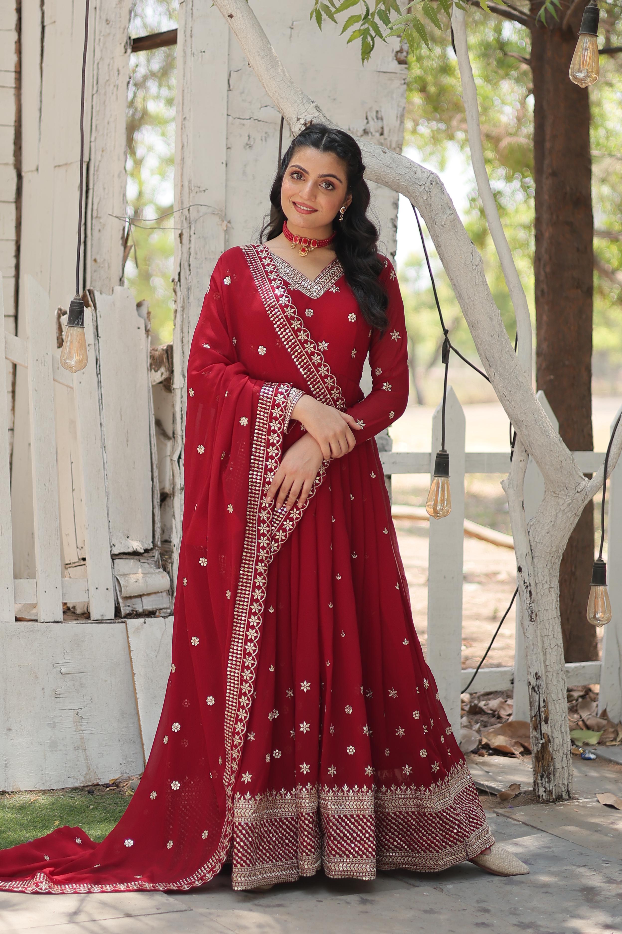 Captivating Red Color Beautiful Work Gown WIth Dupatta