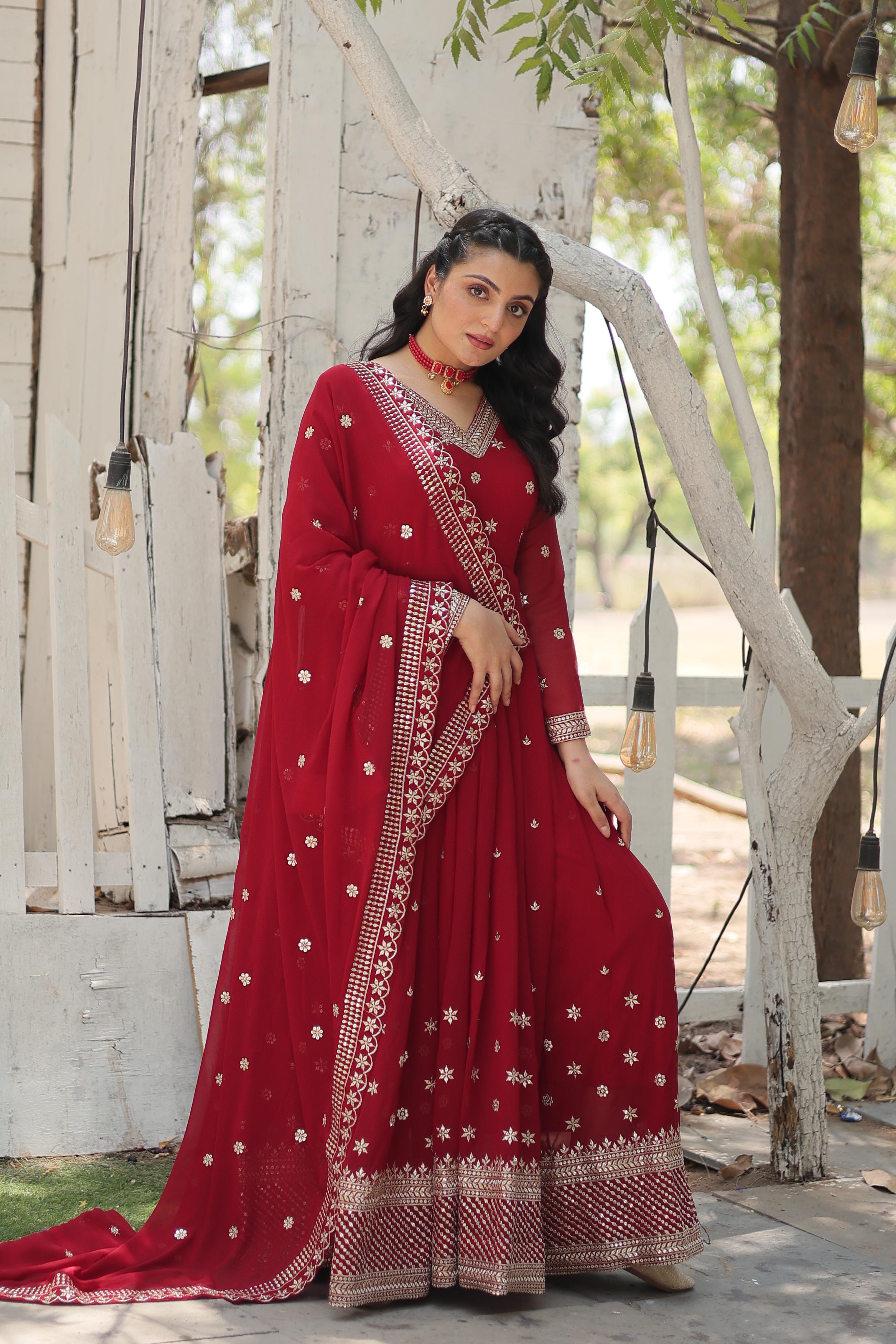 Captivating Red Color Beautiful Work Gown WIth Dupatta