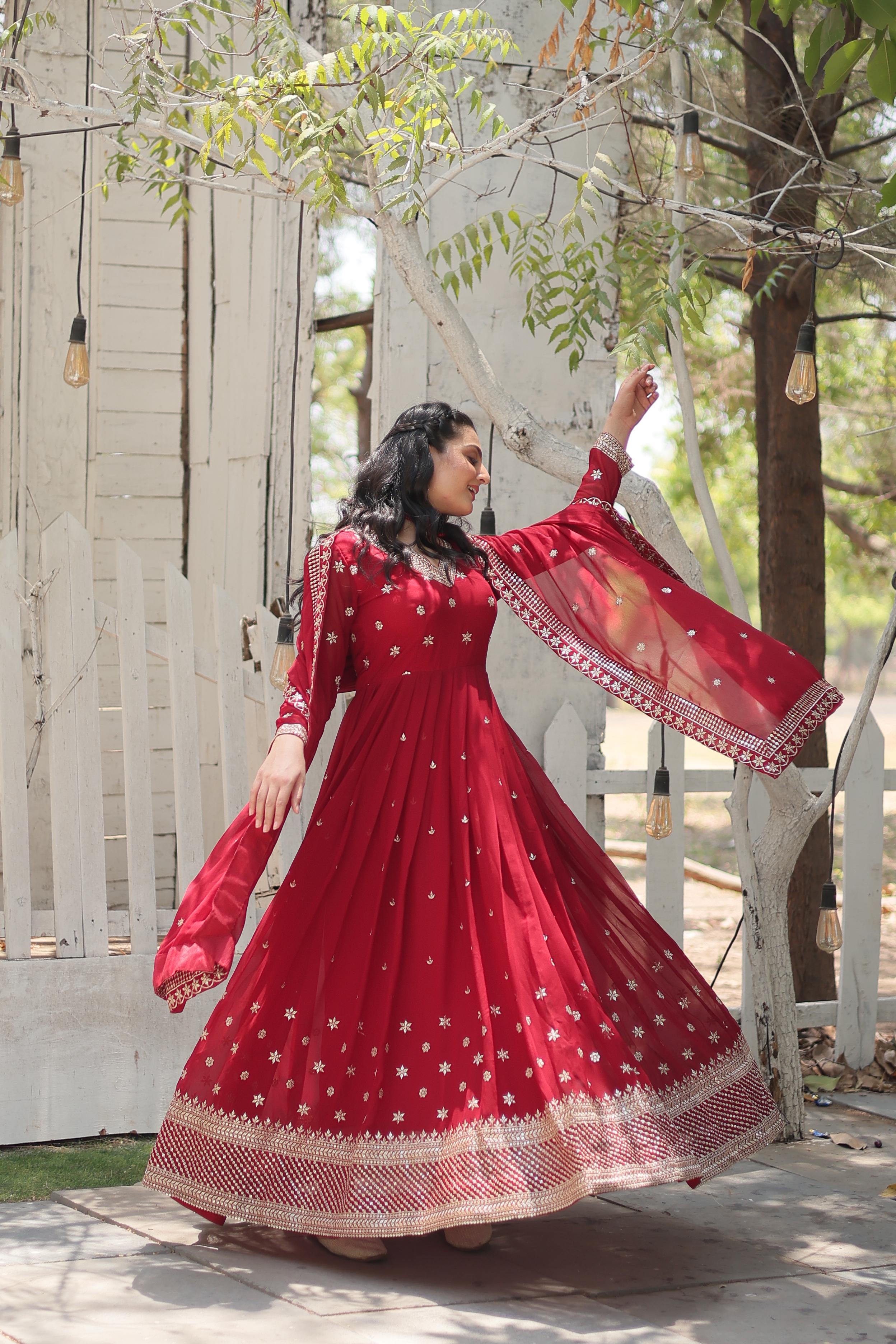 Captivating Red Color Beautiful Work Gown WIth Dupatta