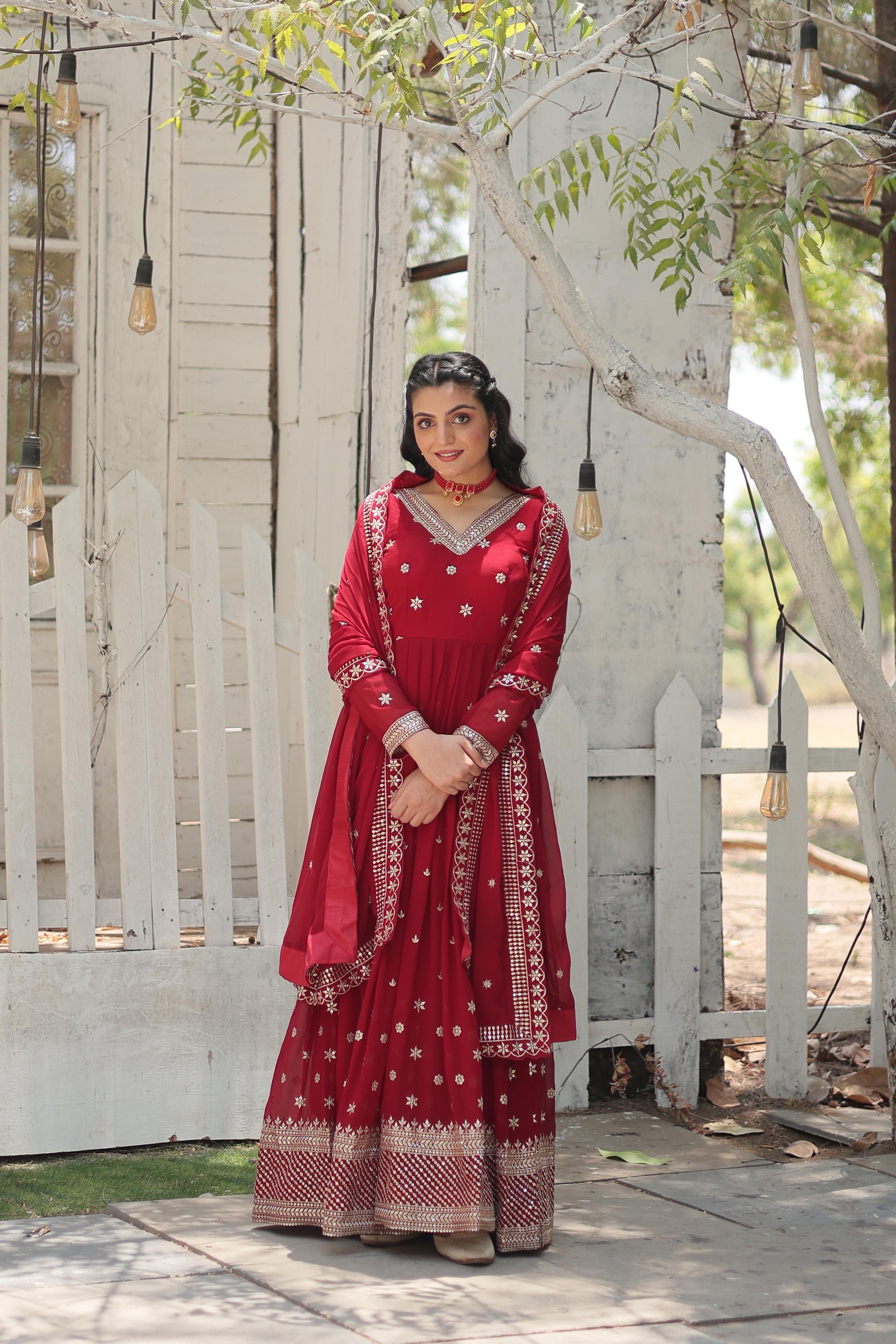 Captivating Red Color Beautiful Work Gown WIth Dupatta