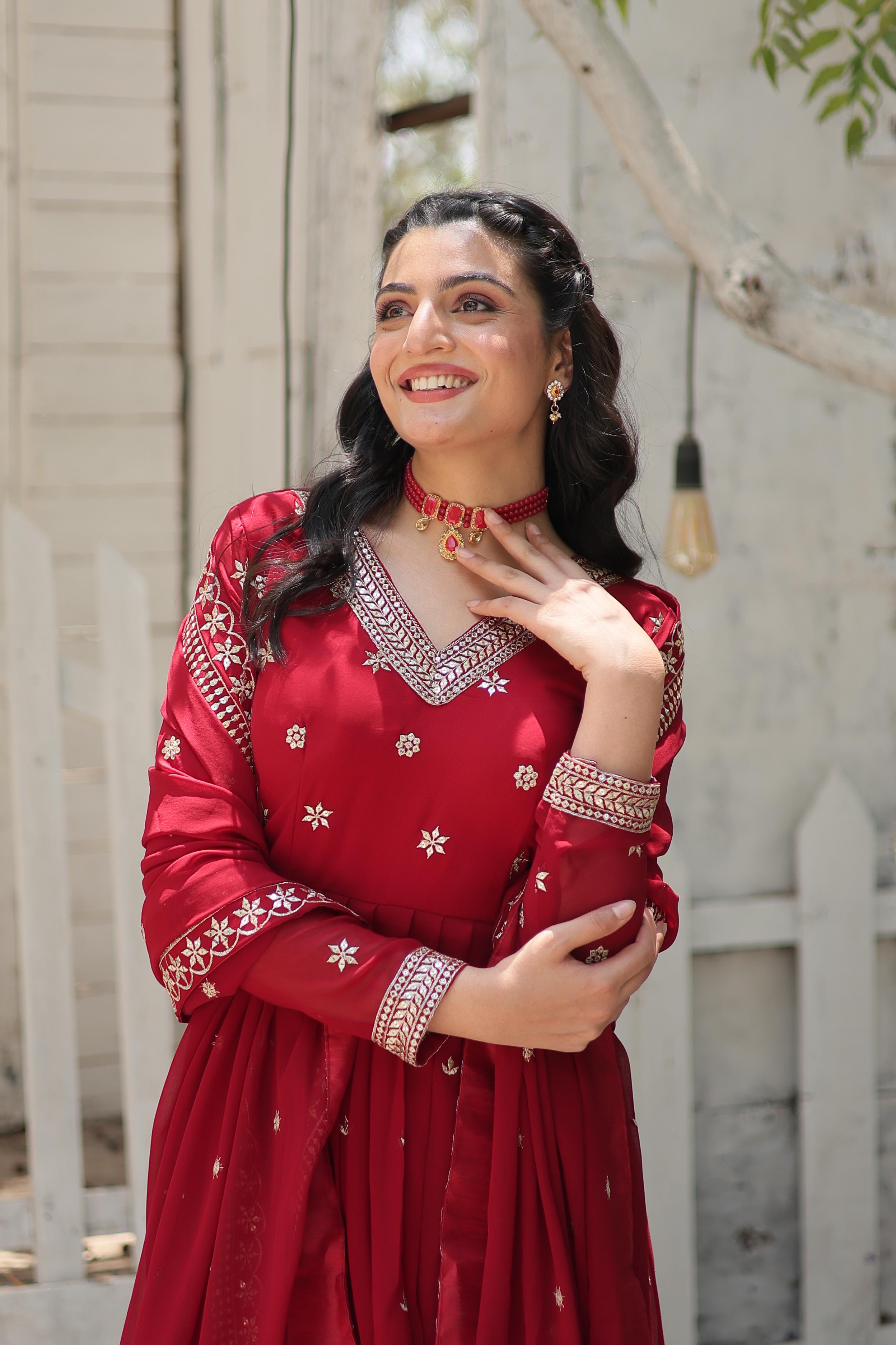 Captivating Red Color Beautiful Work Gown WIth Dupatta