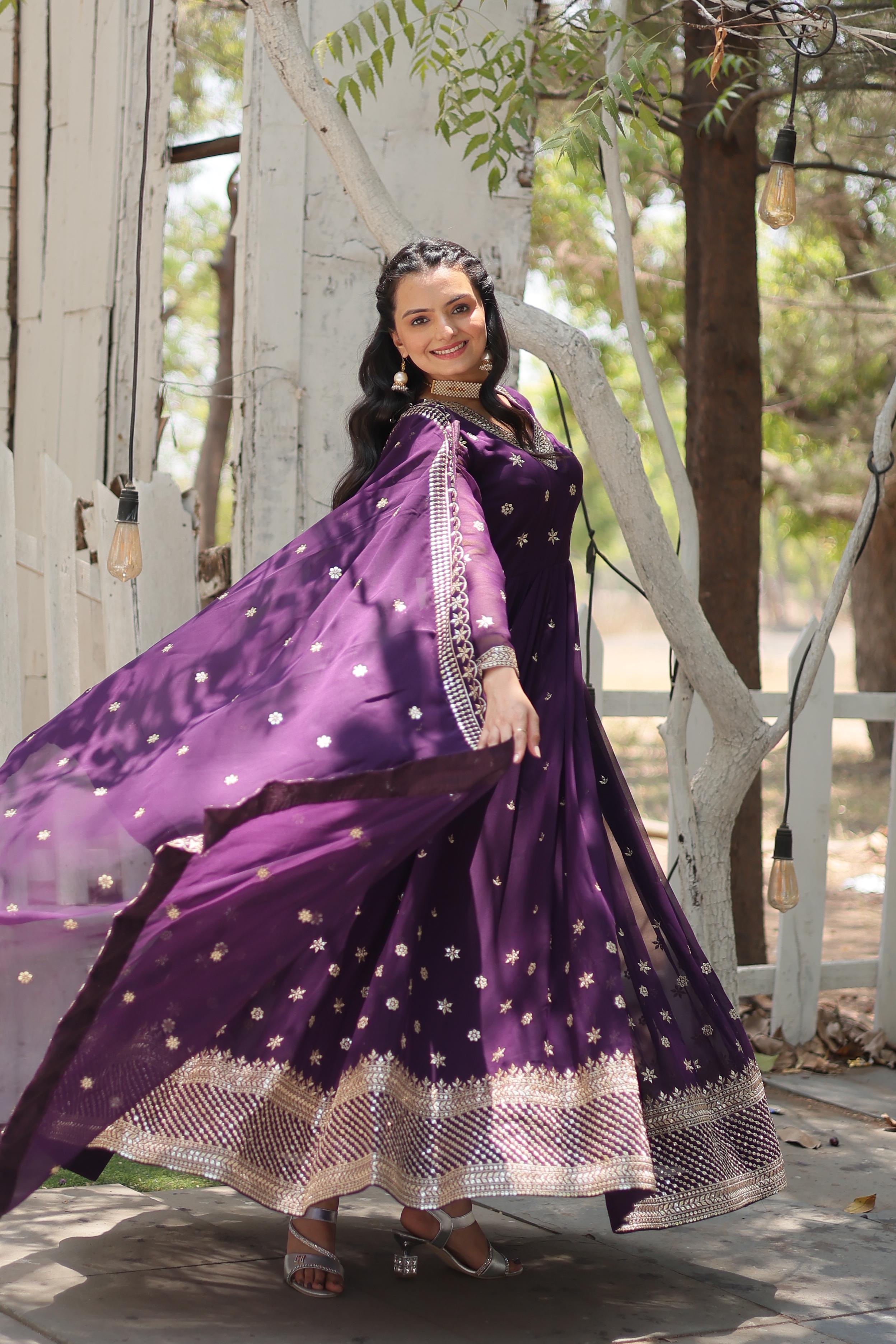 Captivating Purple Color Beautiful Work Gown WIth Dupatta