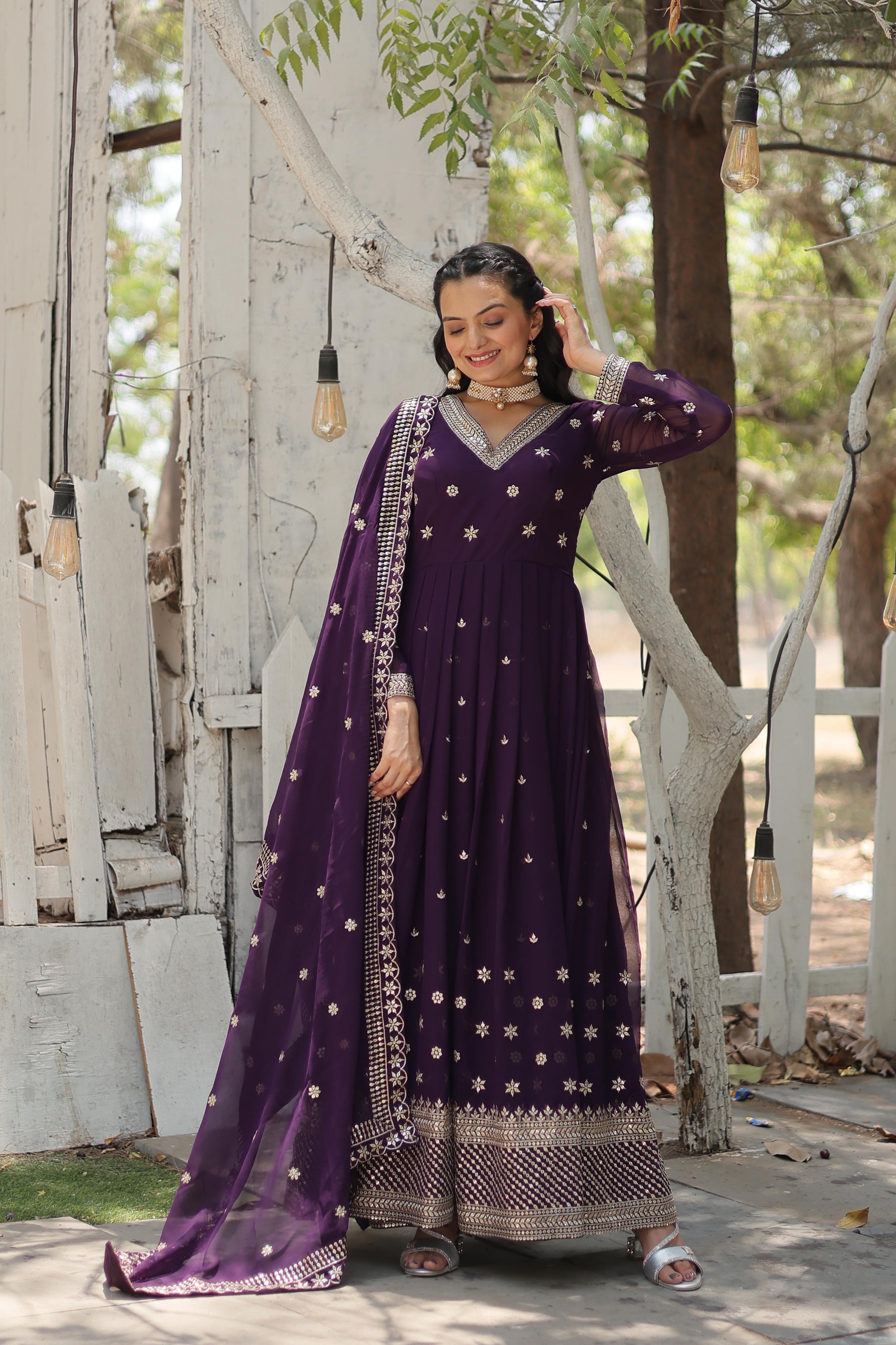 Captivating Purple Color Beautiful Work Gown WIth Dupatta