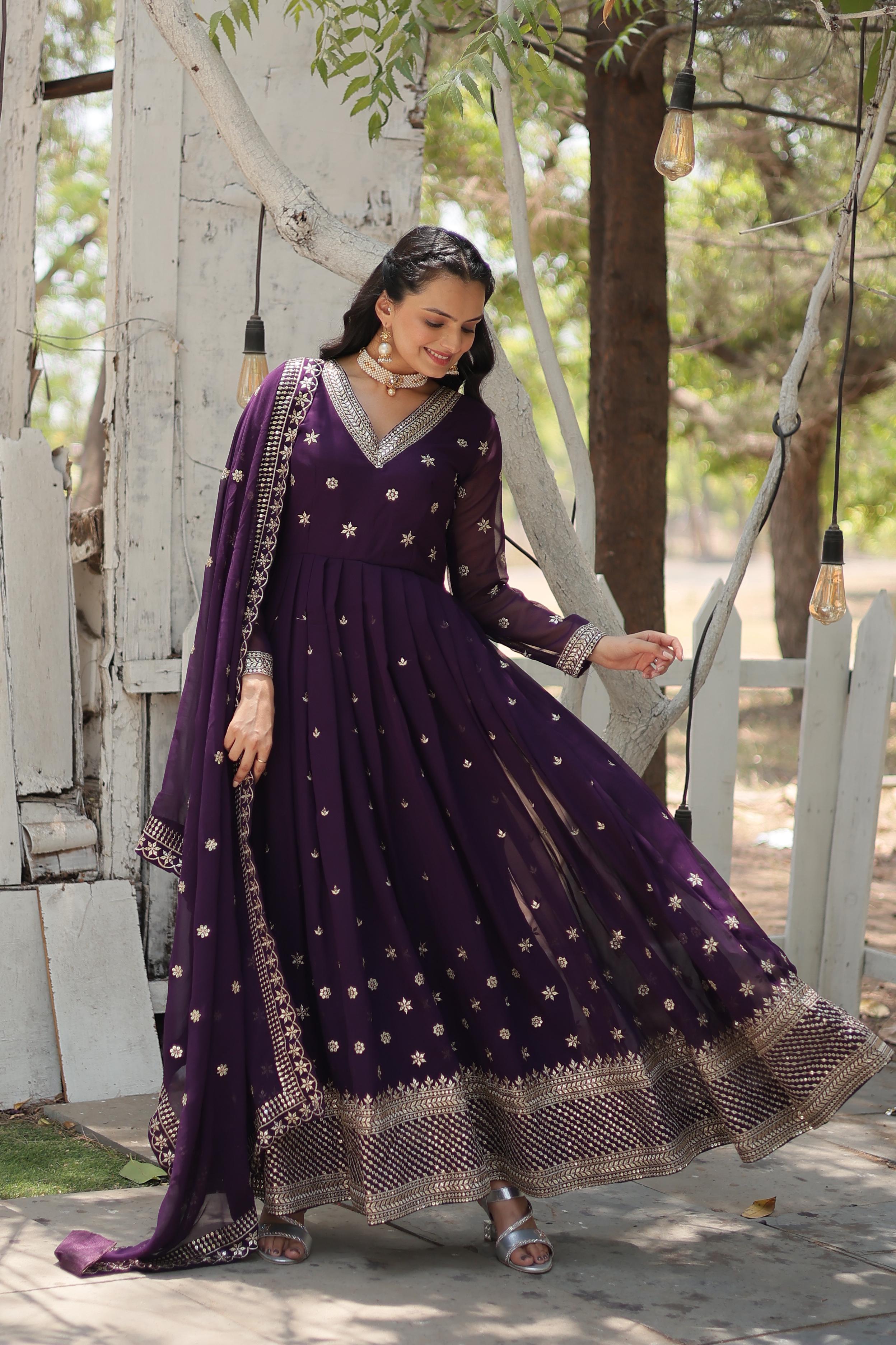 Captivating Purple Color Beautiful Work Gown WIth Dupatta