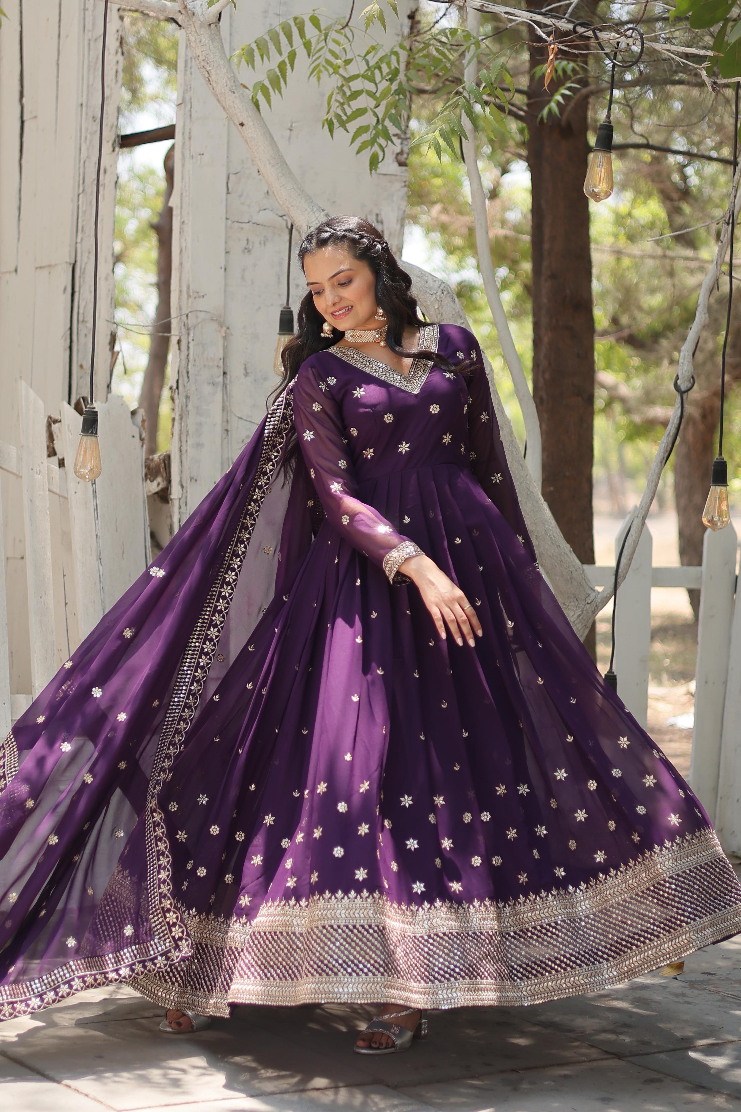 Captivating Purple Color Beautiful Work Gown WIth Dupatta